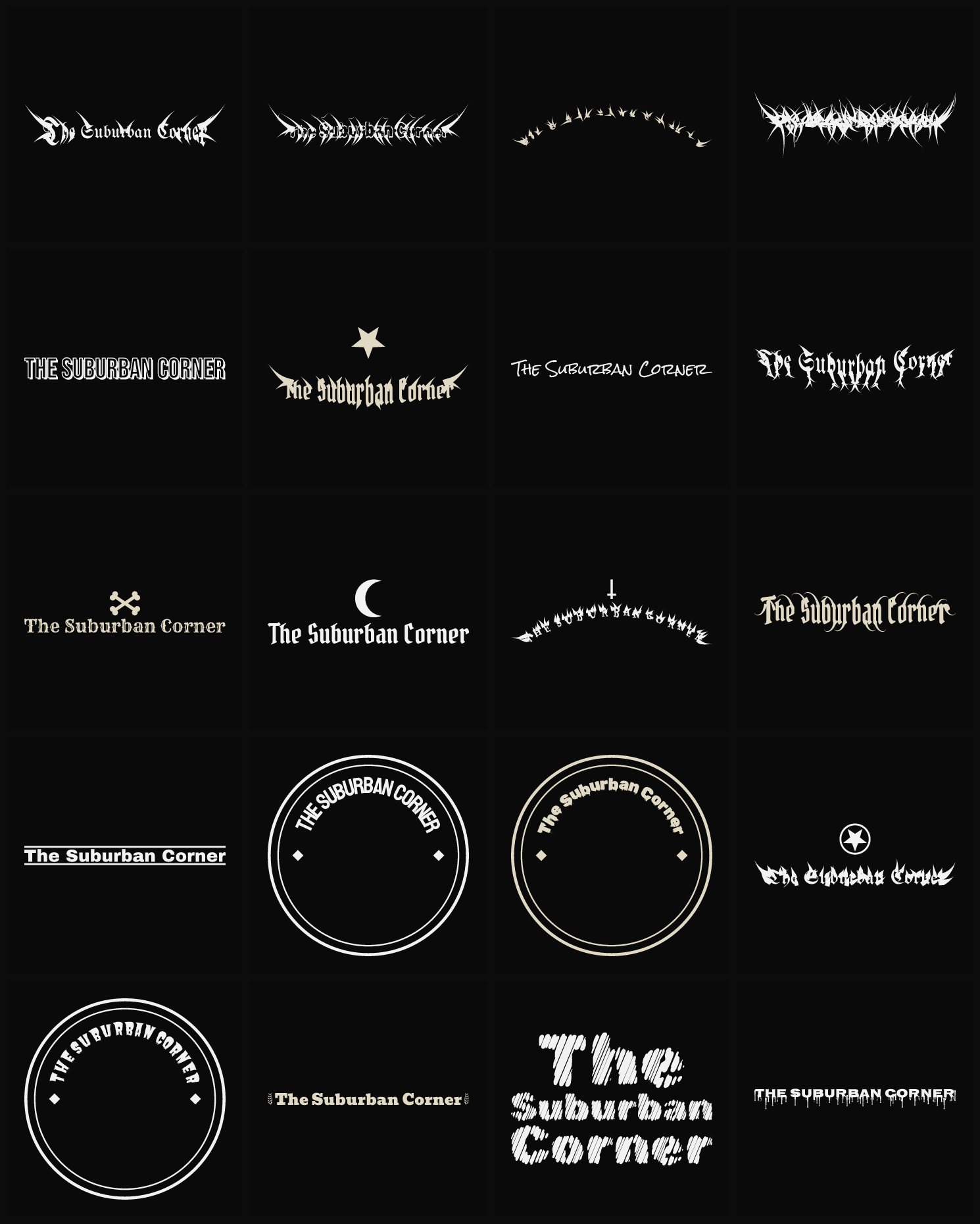 Twenty The Suburban Corner band logo ideas — different faces, treatments and spike settings