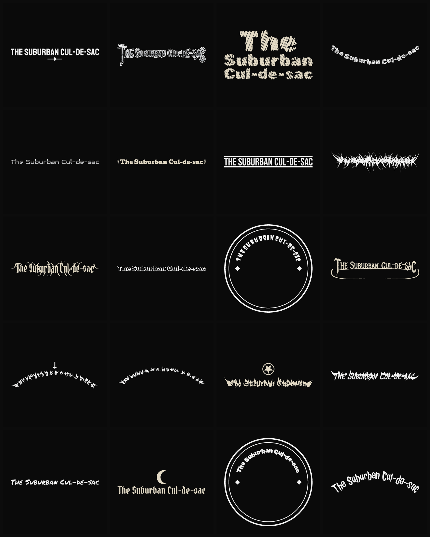 Twenty The Suburban Cul-de-sac band logo ideas — different faces, treatments and spike settings