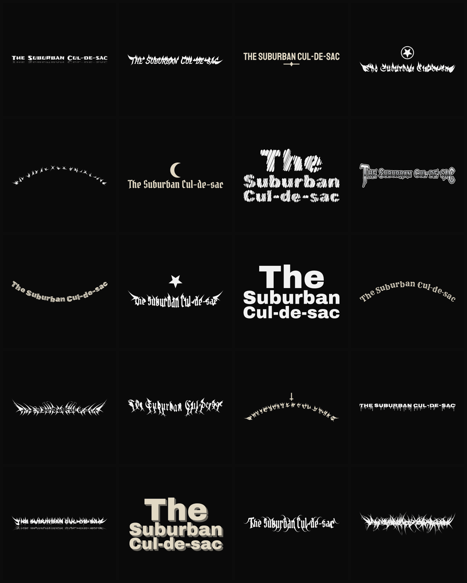 Twenty The Suburban Cul-de-sac band logo ideas — different faces, treatments and spike settings