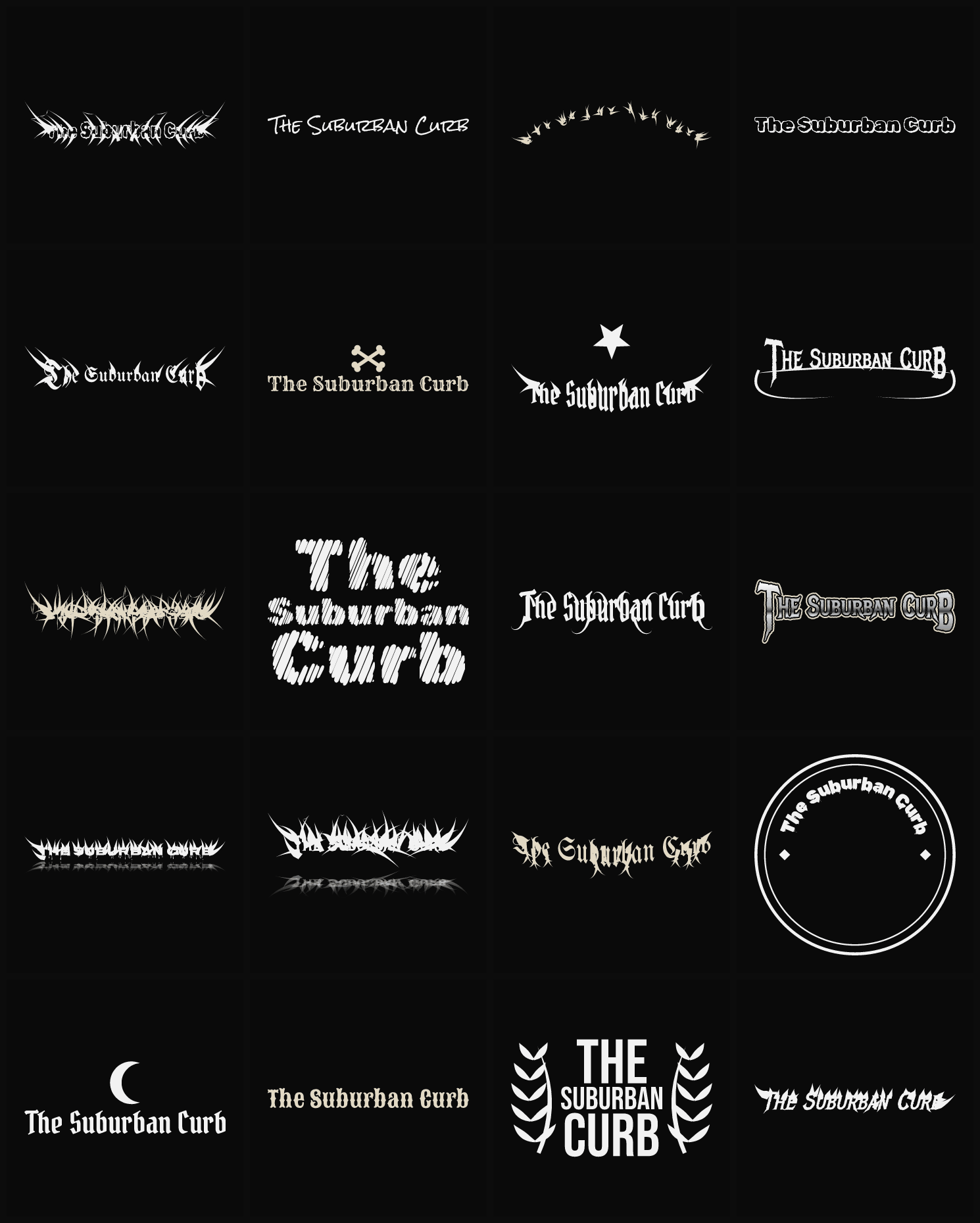 Twenty The Suburban Curb band logo ideas — different faces, treatments and spike settings