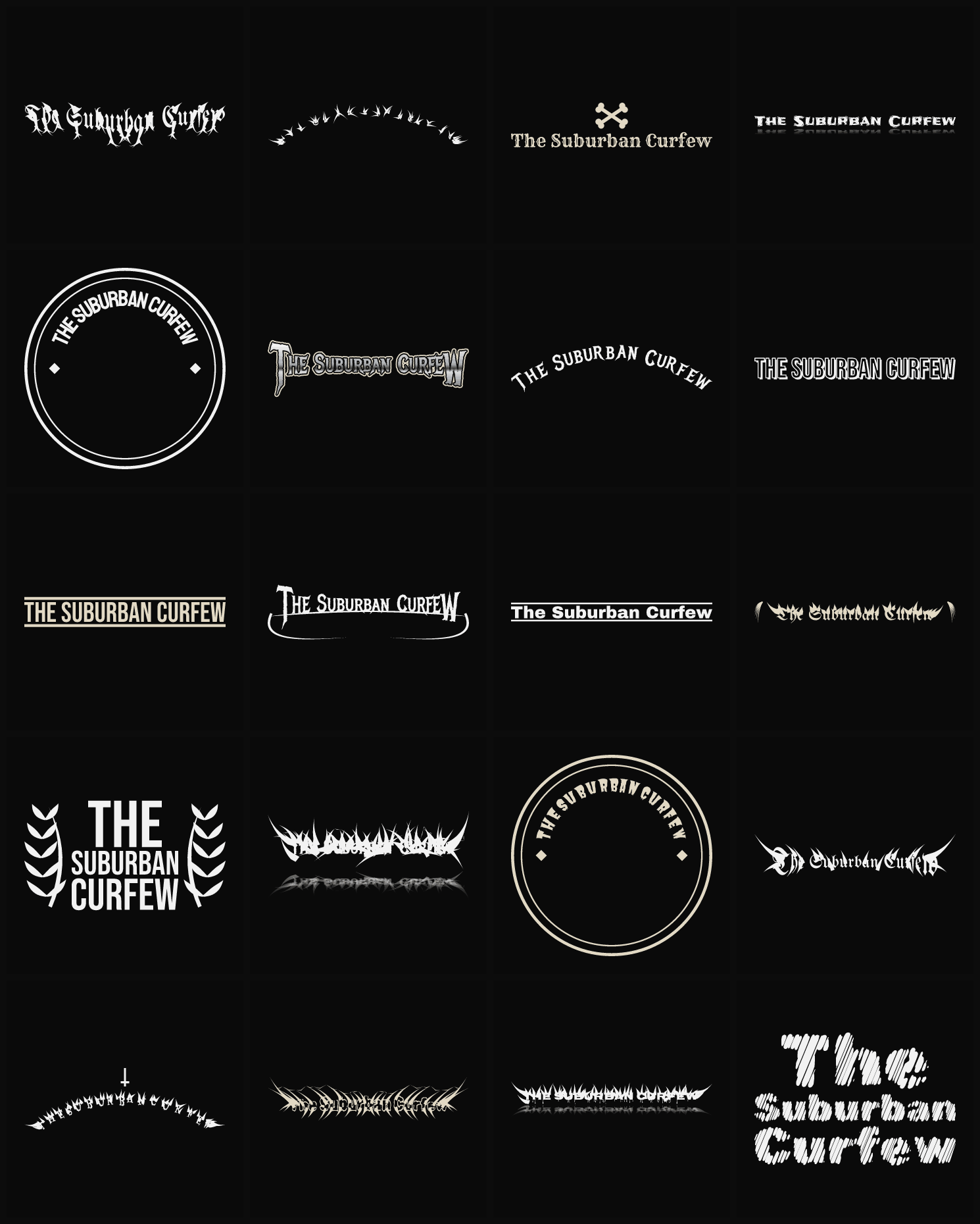 Twenty The Suburban Curfew band logo ideas — different faces, treatments and spike settings