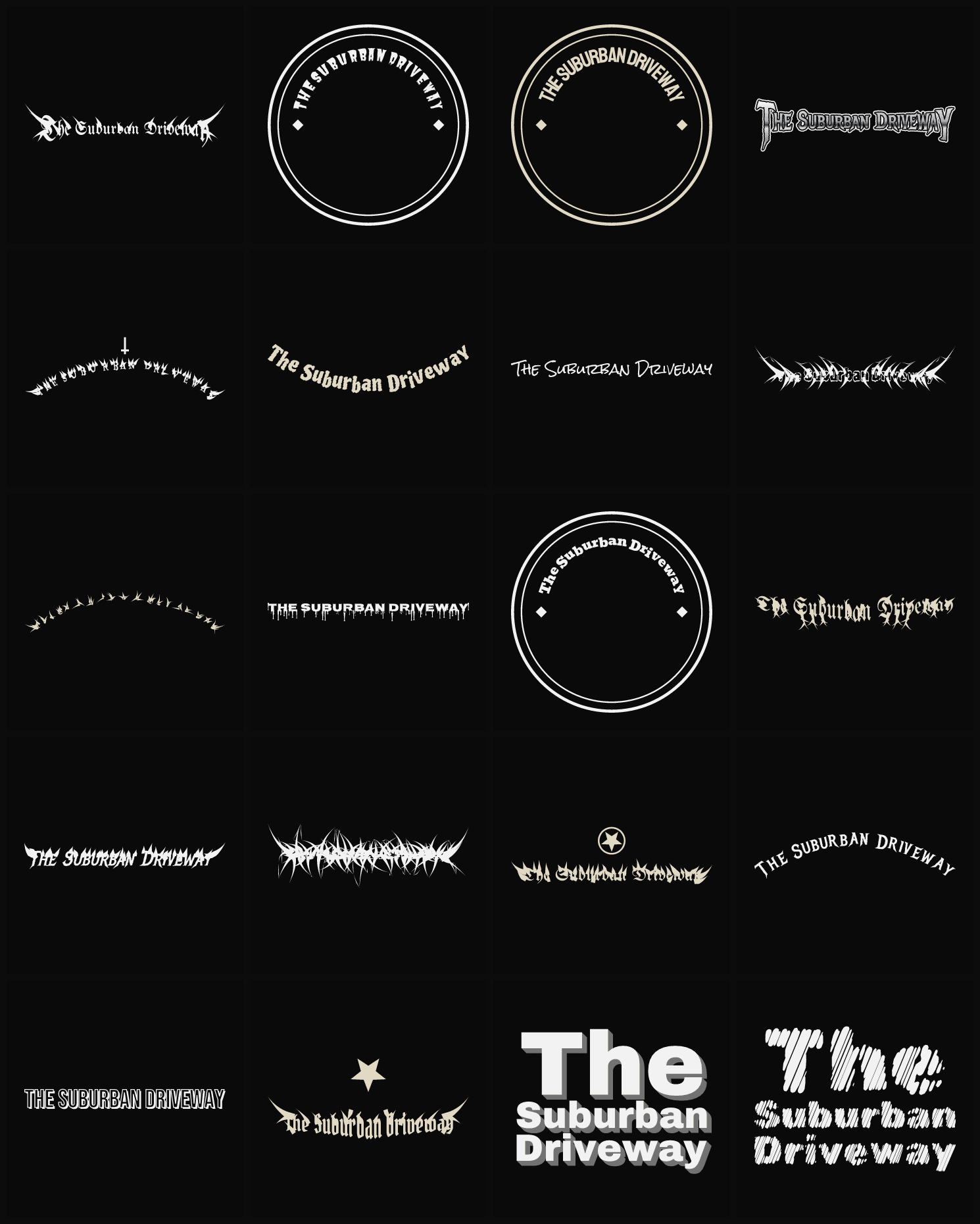 Twenty The Suburban Driveway band logo ideas — different faces, treatments and spike settings