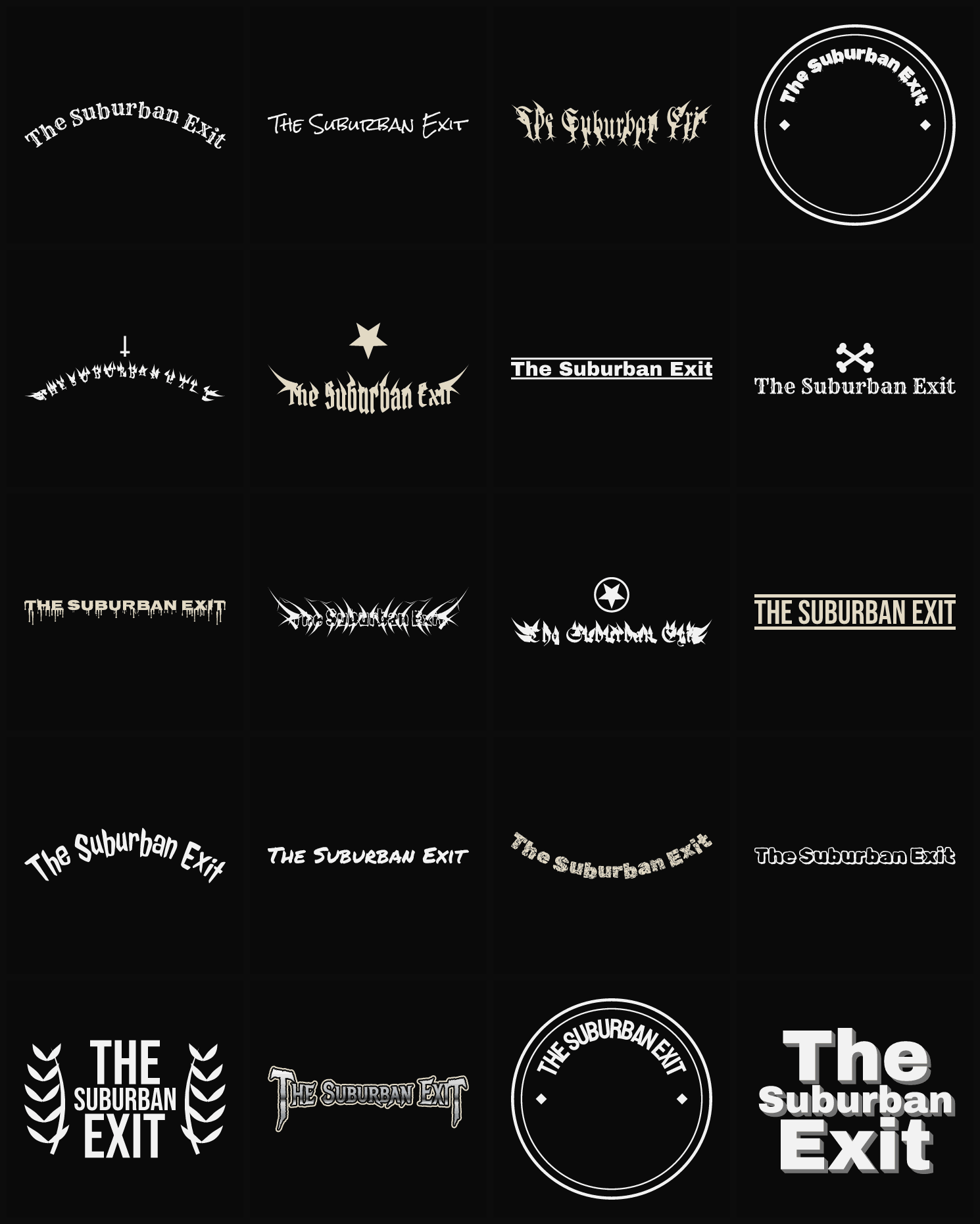Twenty The Suburban Exit band logo ideas — different faces, treatments and spike settings