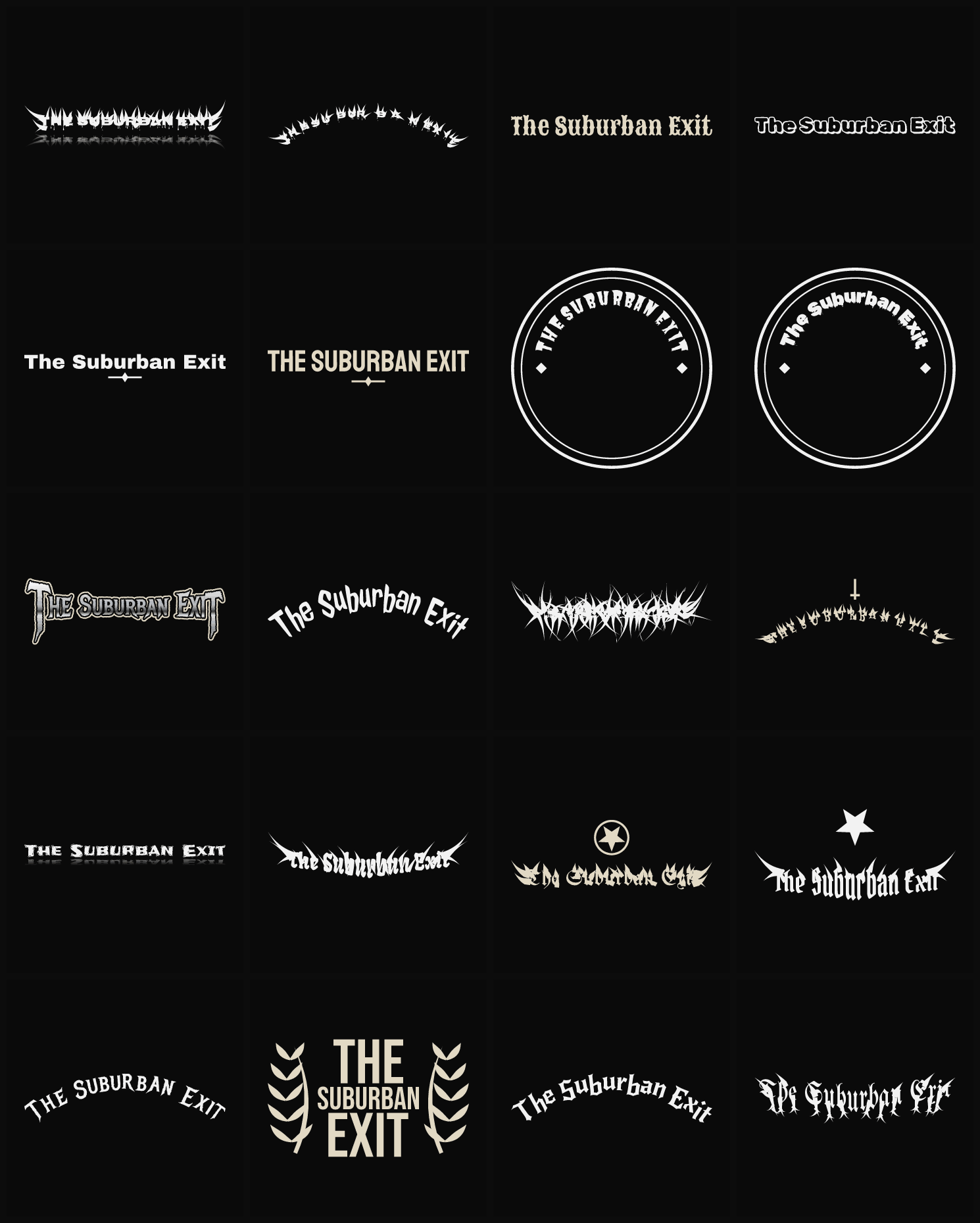 Twenty The Suburban Exit band logo ideas — different faces, treatments and spike settings