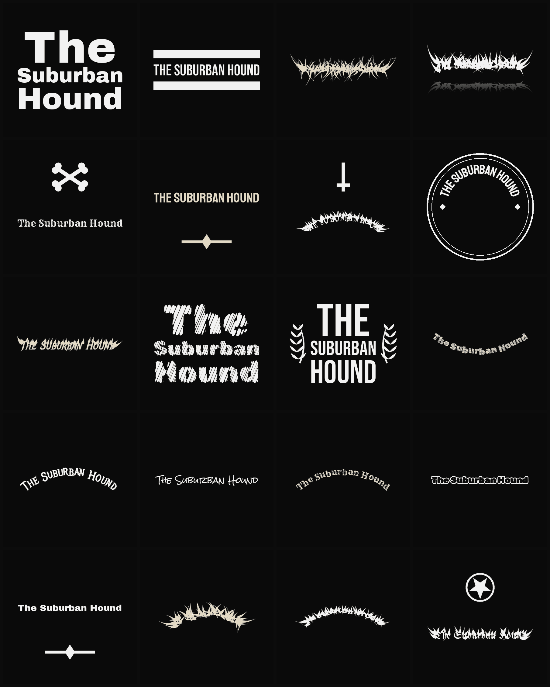 Twenty The Suburban Hound band logo ideas — different faces, treatments and spike settings