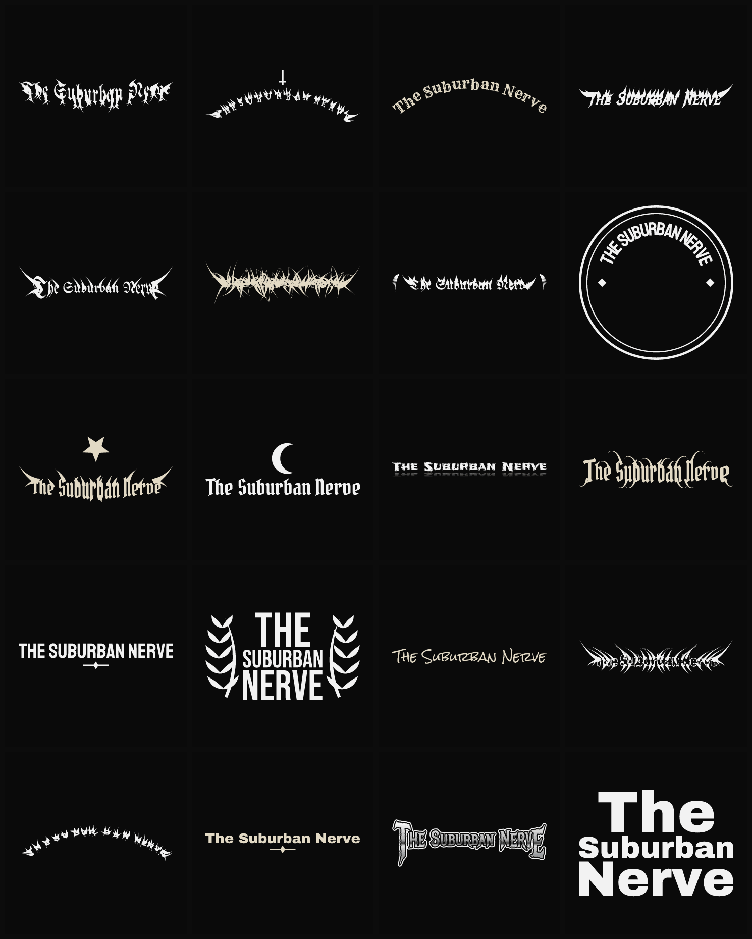 Twenty The Suburban Nerve band logo ideas — different faces, treatments and spike settings