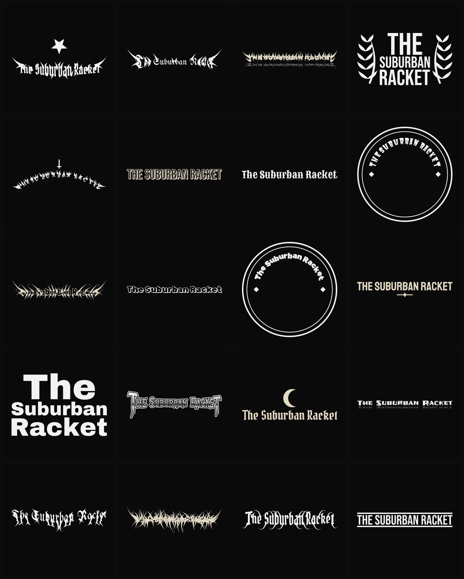Twenty The Suburban Racket band logo ideas — different faces, treatments and spike settings