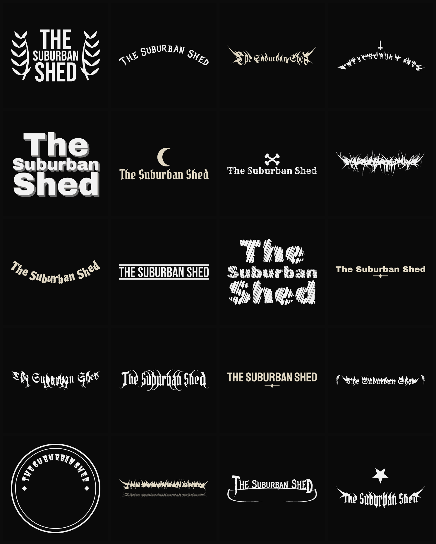 Twenty The Suburban Shed band logo ideas — different faces, treatments and spike settings