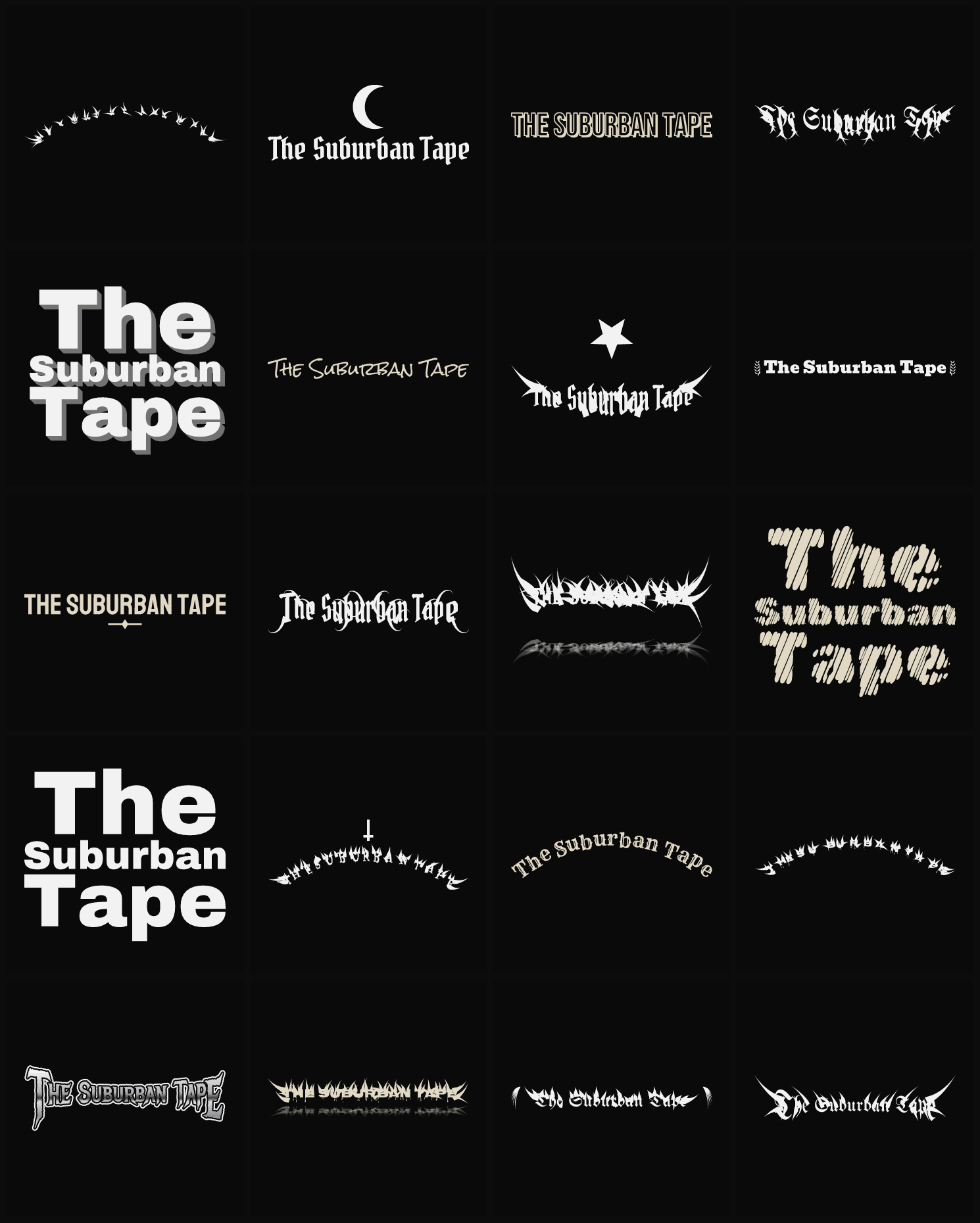 Twenty The Suburban Tape band logo ideas — different faces, treatments and spike settings