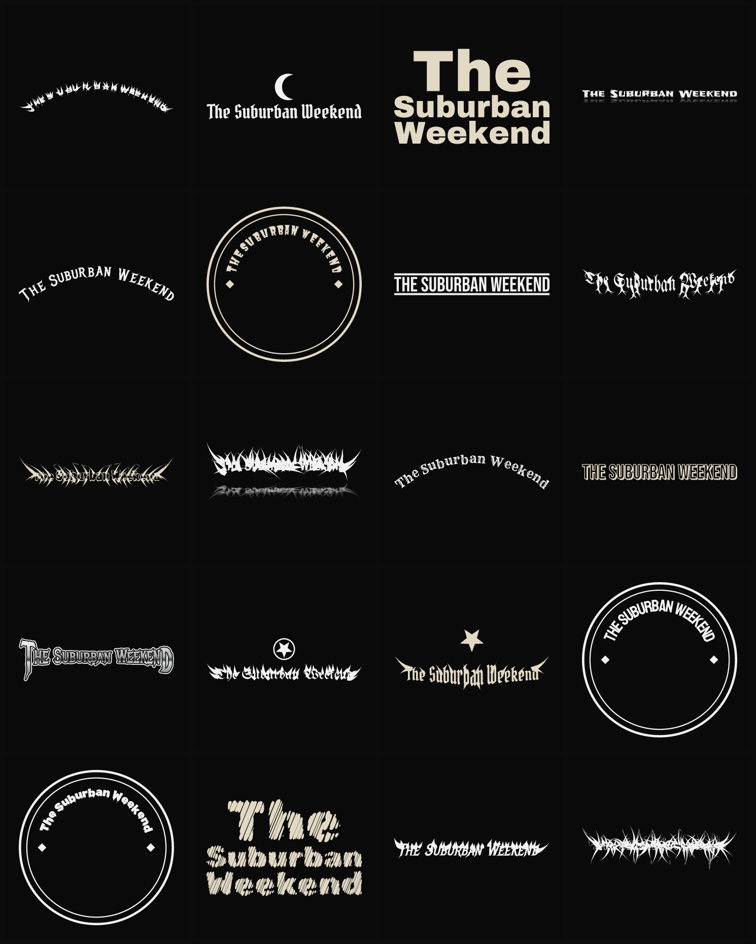 Twenty The Suburban Weekend band logo ideas — different faces, treatments and spike settings