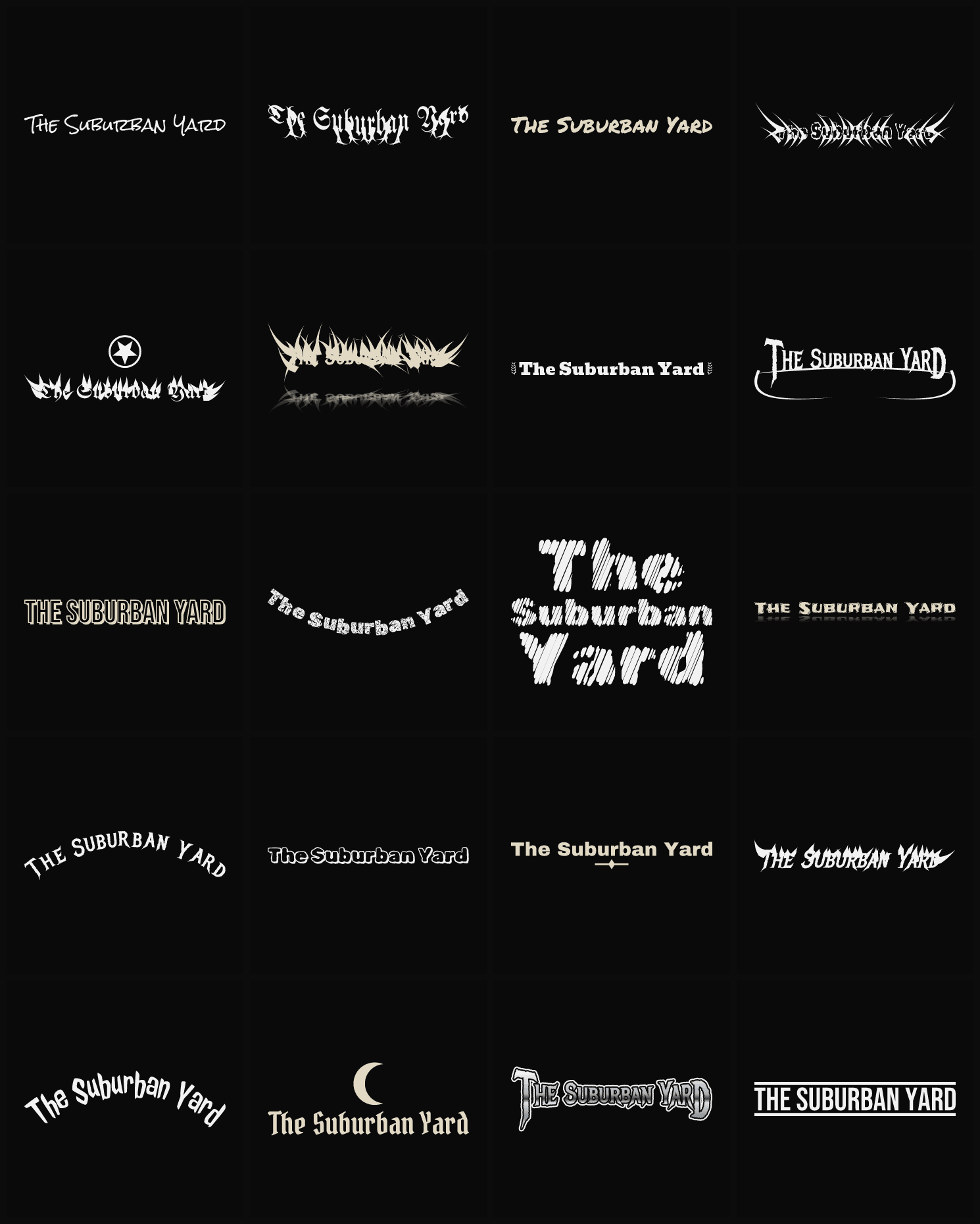 Twenty The Suburban Yard band logo ideas — different faces, treatments and spike settings