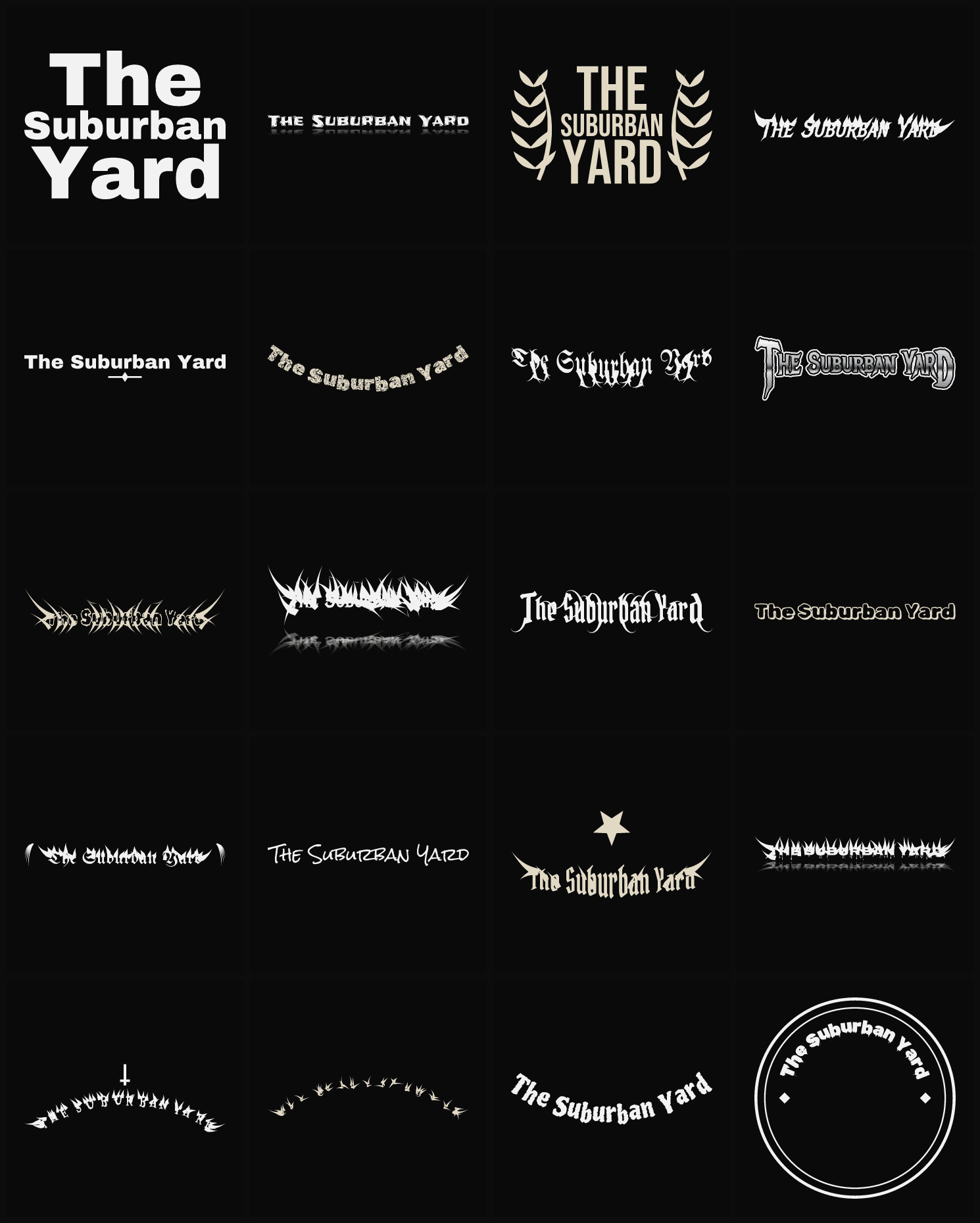 Twenty The Suburban Yard band logo ideas — different faces, treatments and spike settings