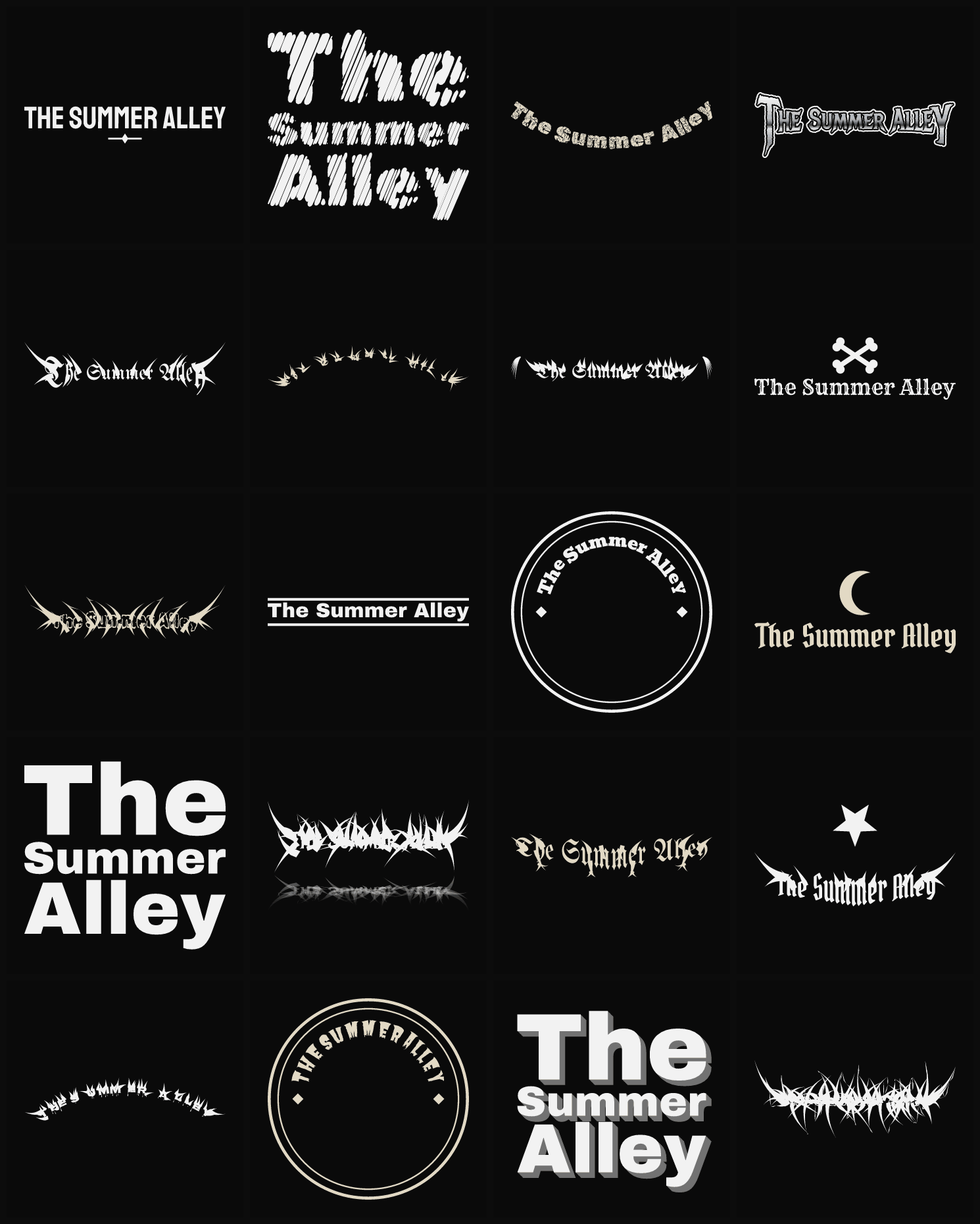 Twenty The Summer Alley band logo ideas — different faces, treatments and spike settings