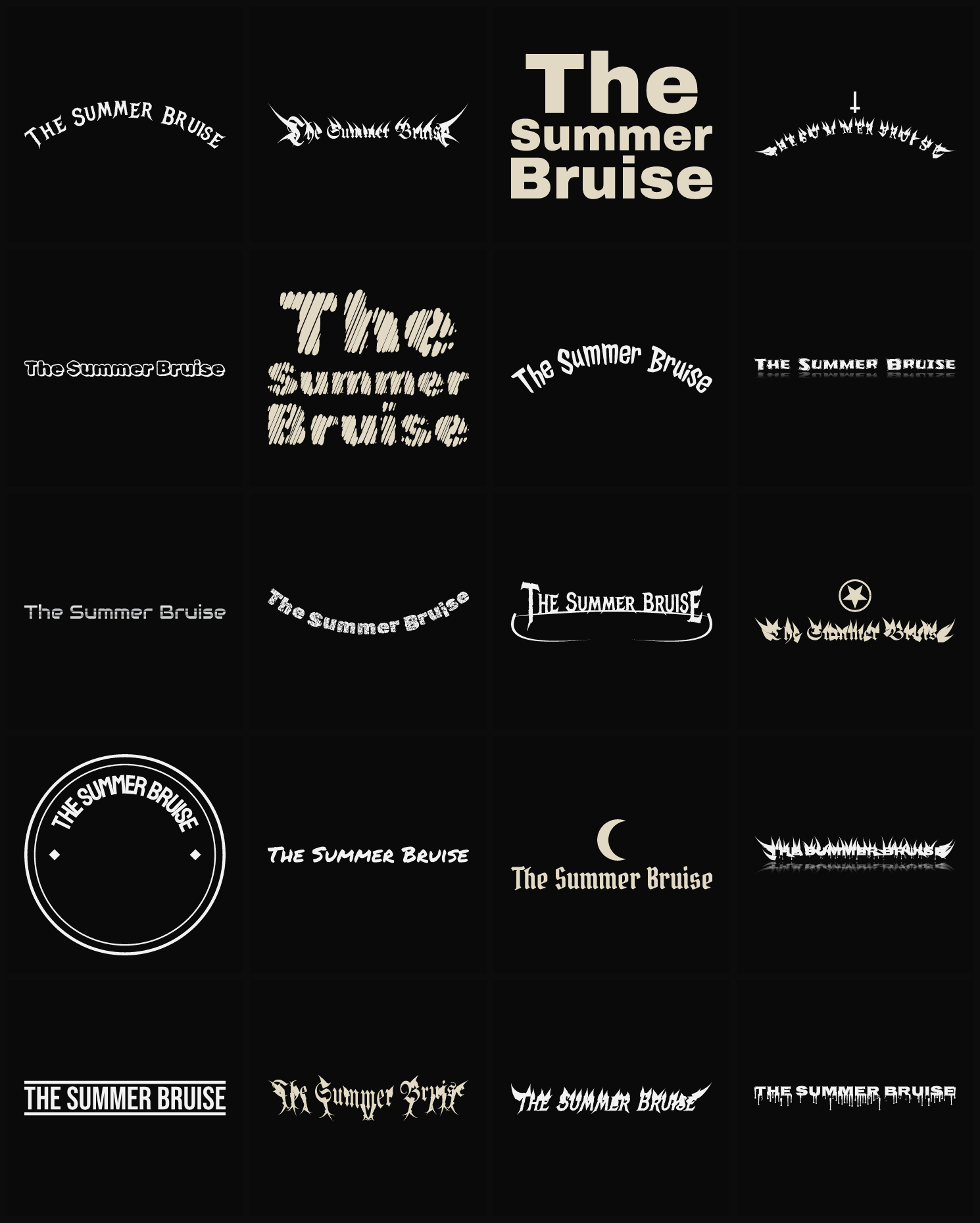 Twenty The Summer Bruise band logo ideas — different faces, treatments and spike settings