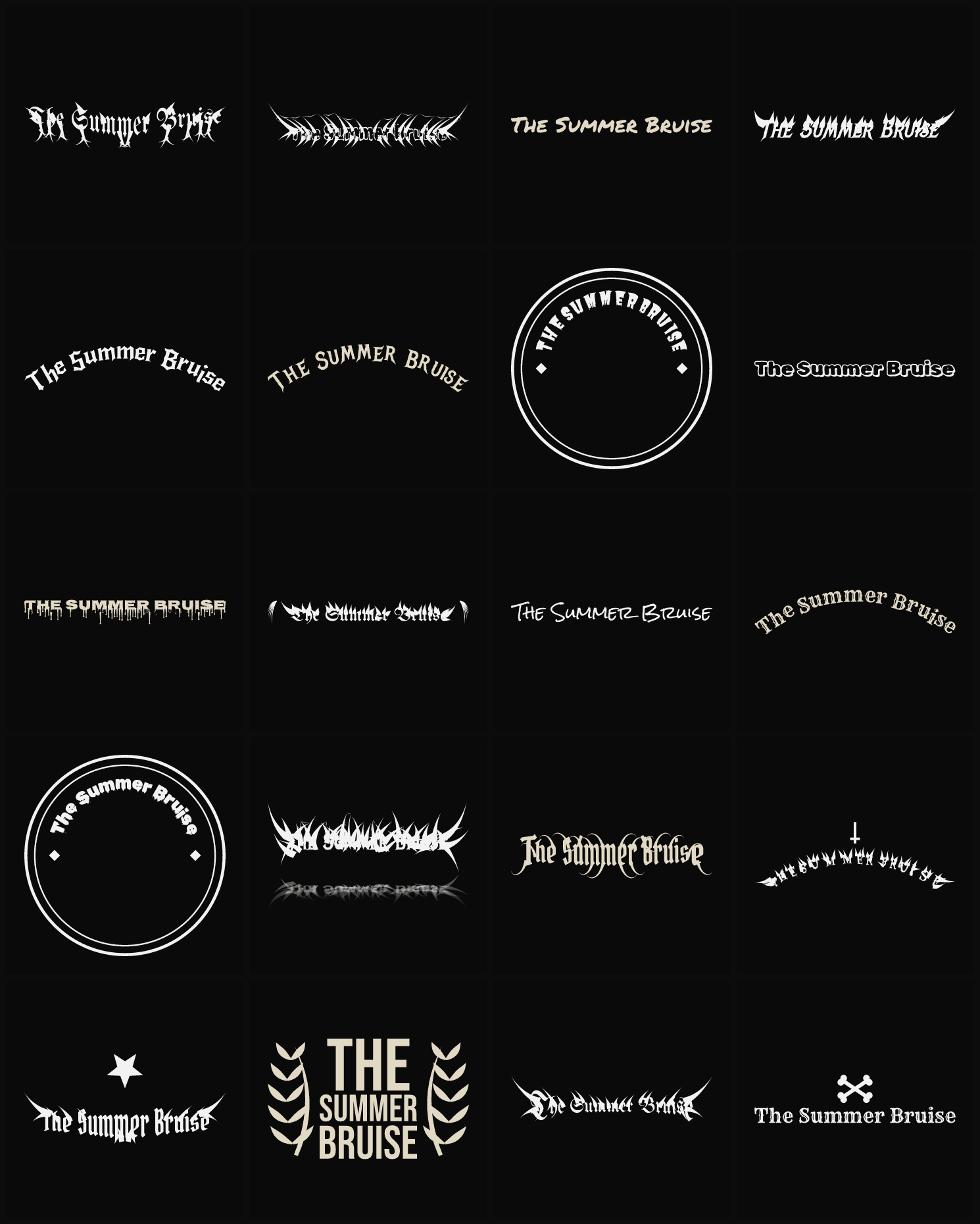 Twenty The Summer Bruise band logo ideas — different faces, treatments and spike settings