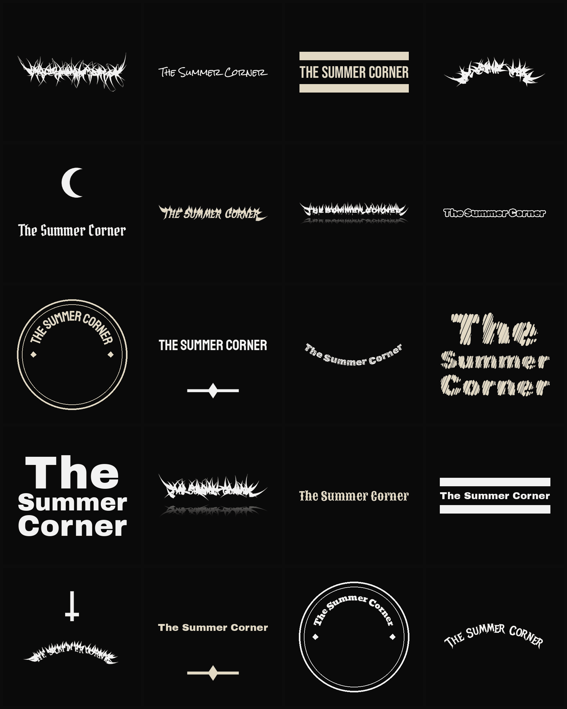 Twenty The Summer Corner band logo ideas — different faces, treatments and spike settings