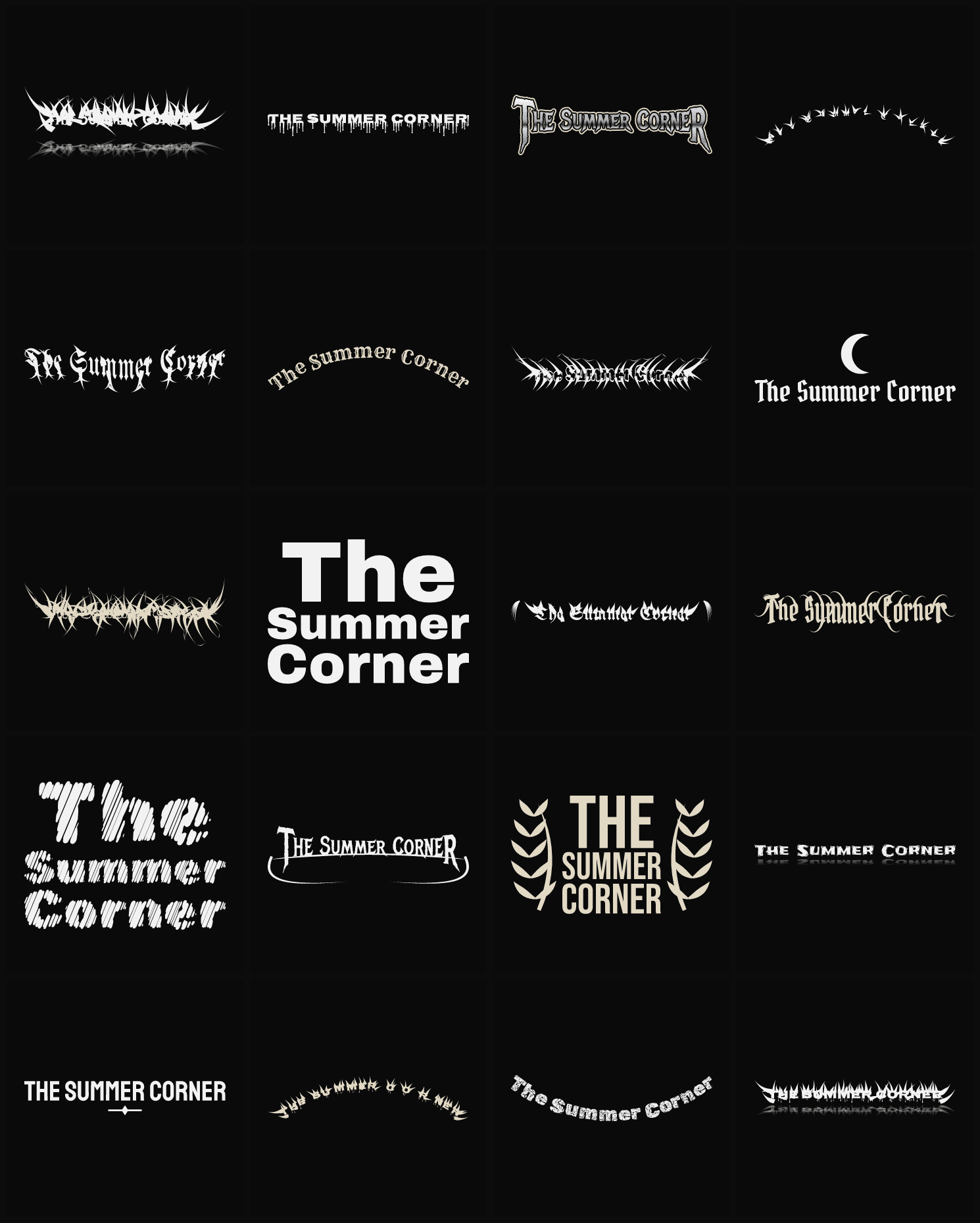Twenty The Summer Corner band logo ideas — different faces, treatments and spike settings