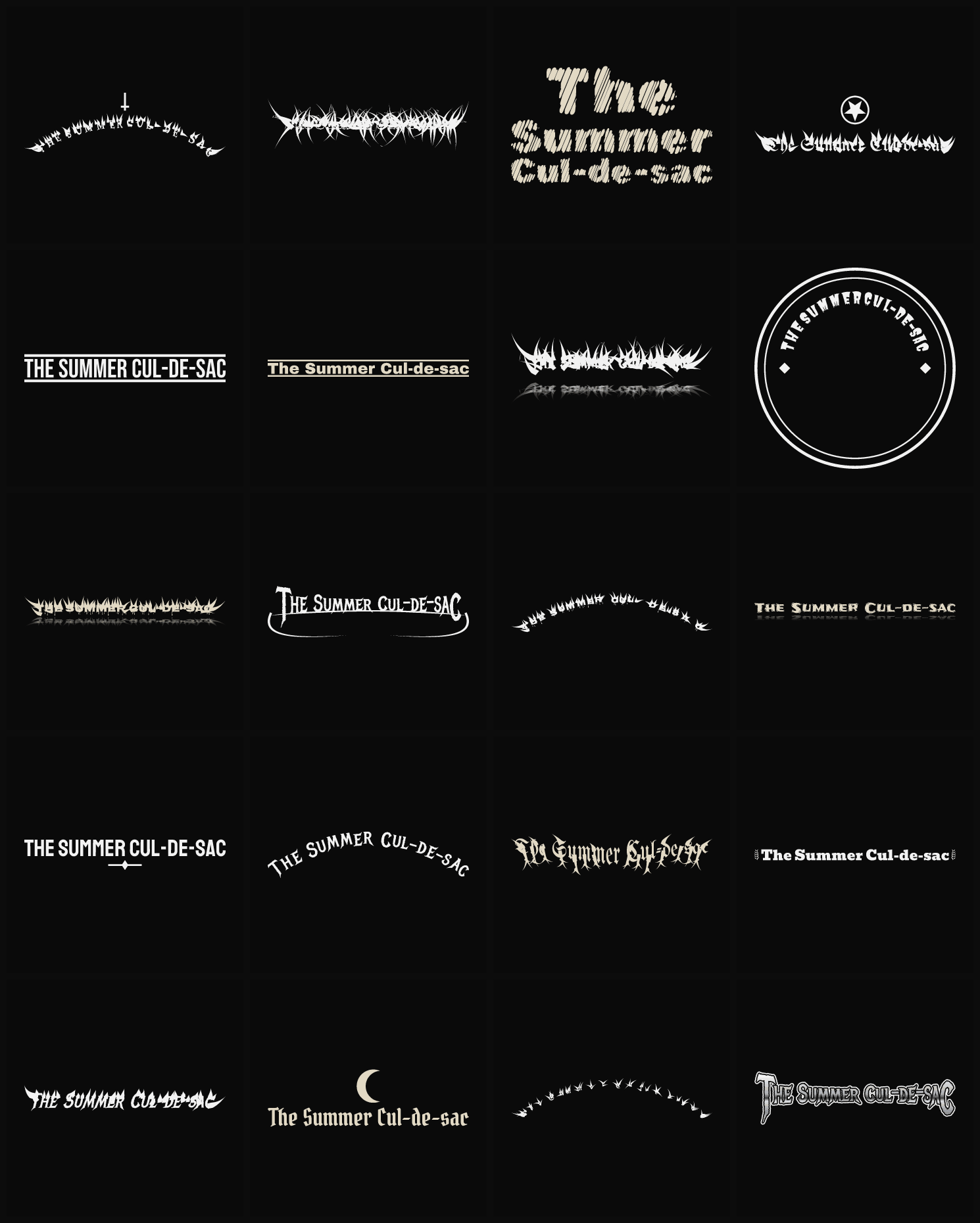 Twenty The Summer Cul-de-sac band logo ideas — different faces, treatments and spike settings