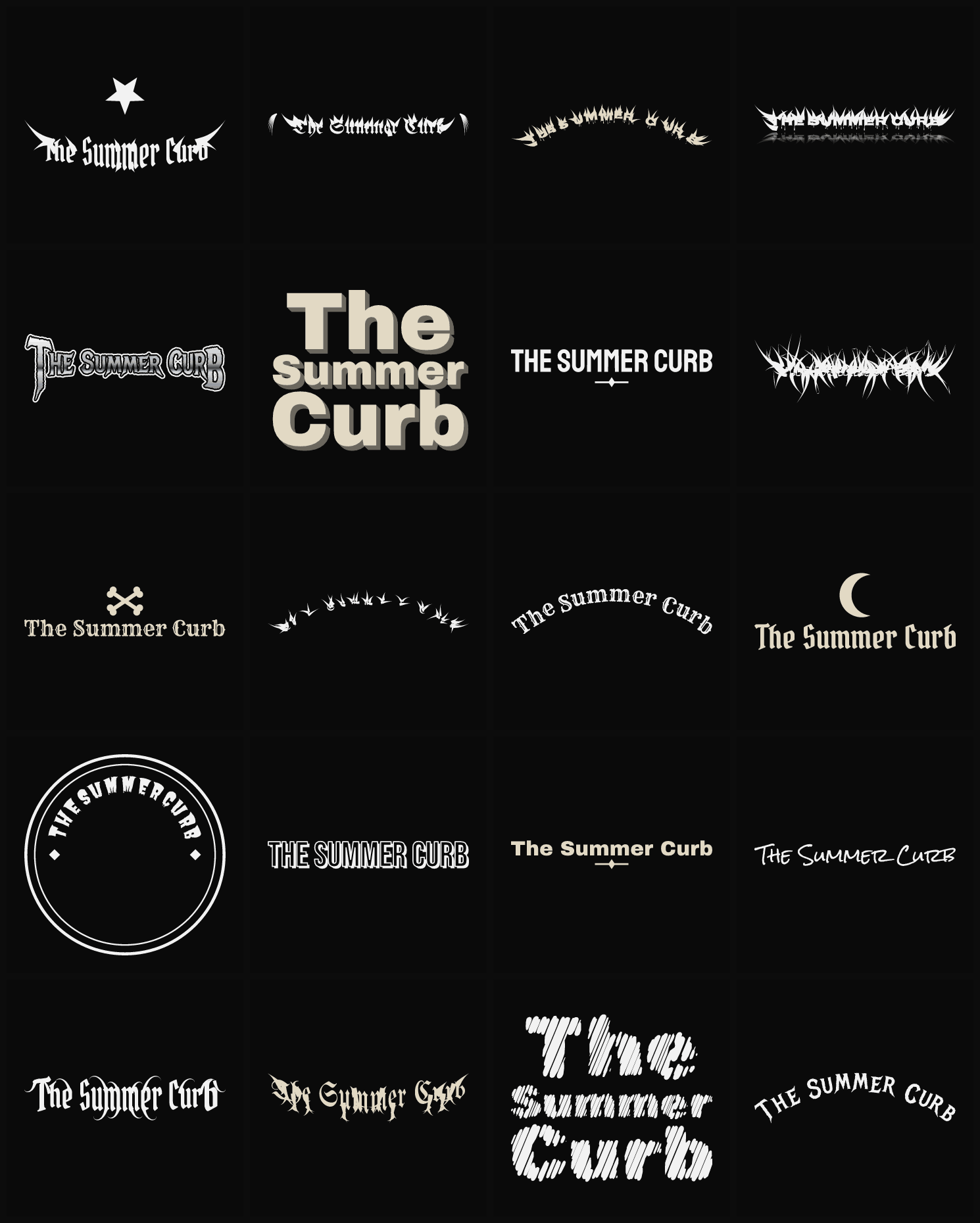 Twenty The Summer Curb band logo ideas — different faces, treatments and spike settings