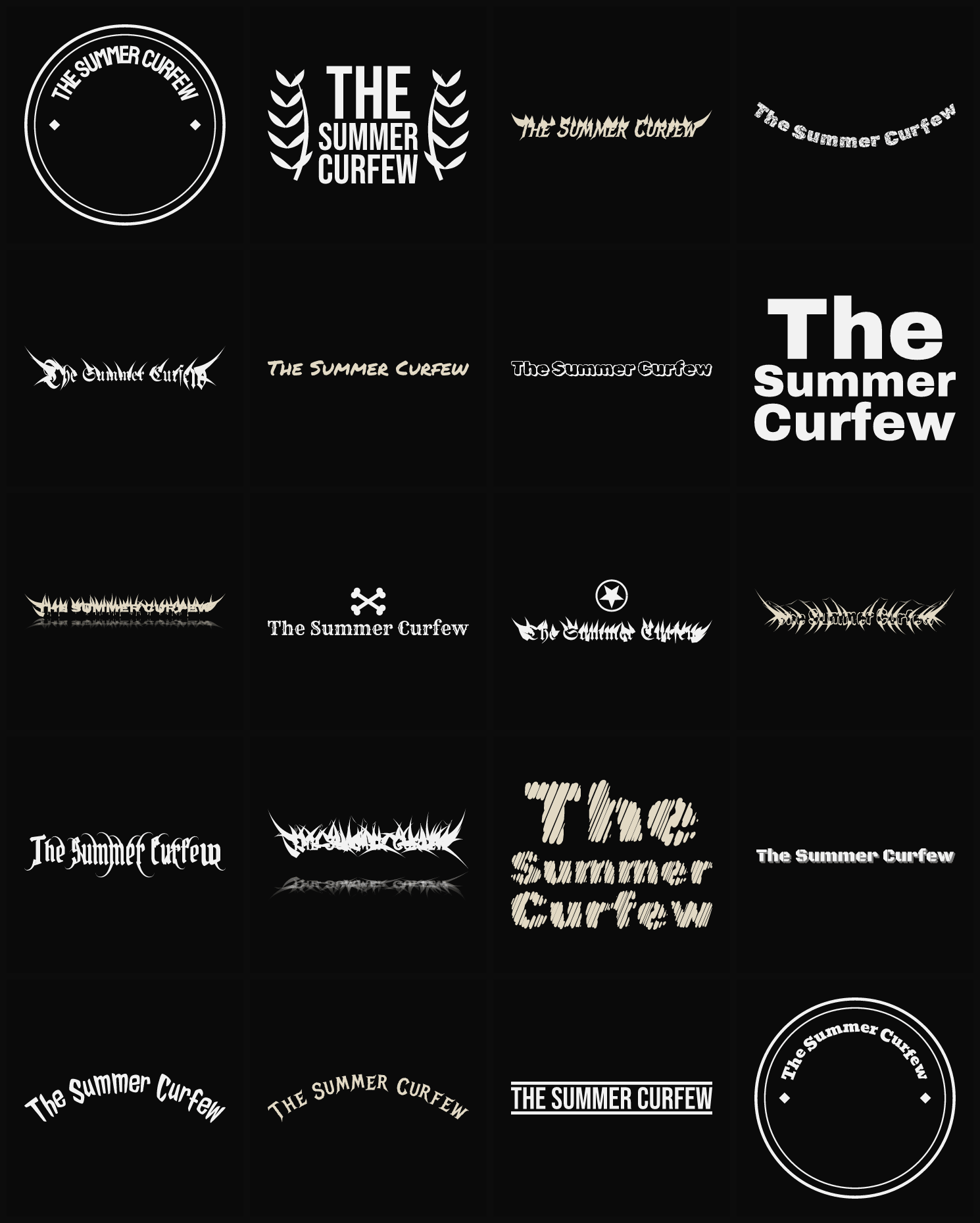 Twenty The Summer Curfew band logo ideas — different faces, treatments and spike settings