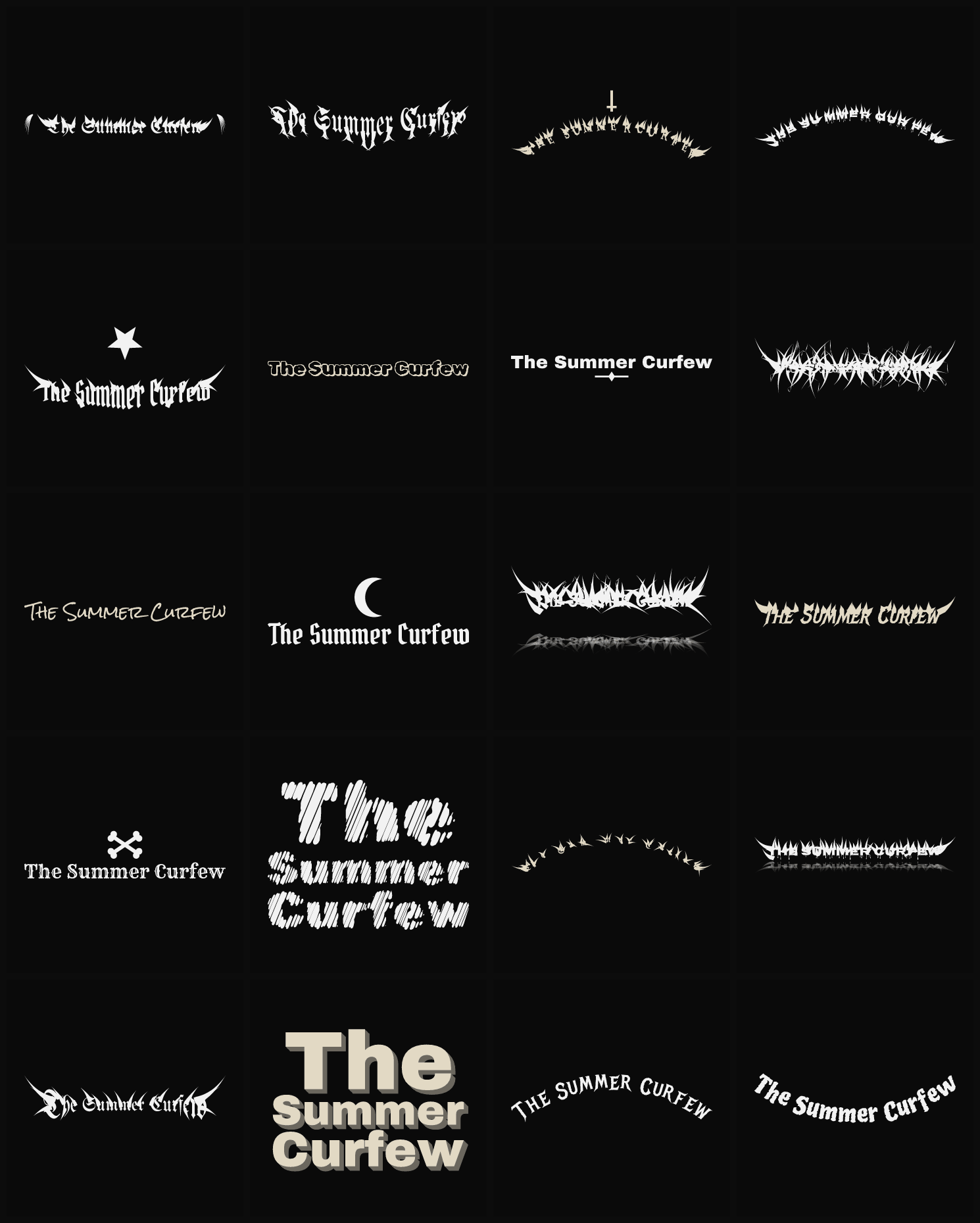 Twenty The Summer Curfew band logo ideas — different faces, treatments and spike settings