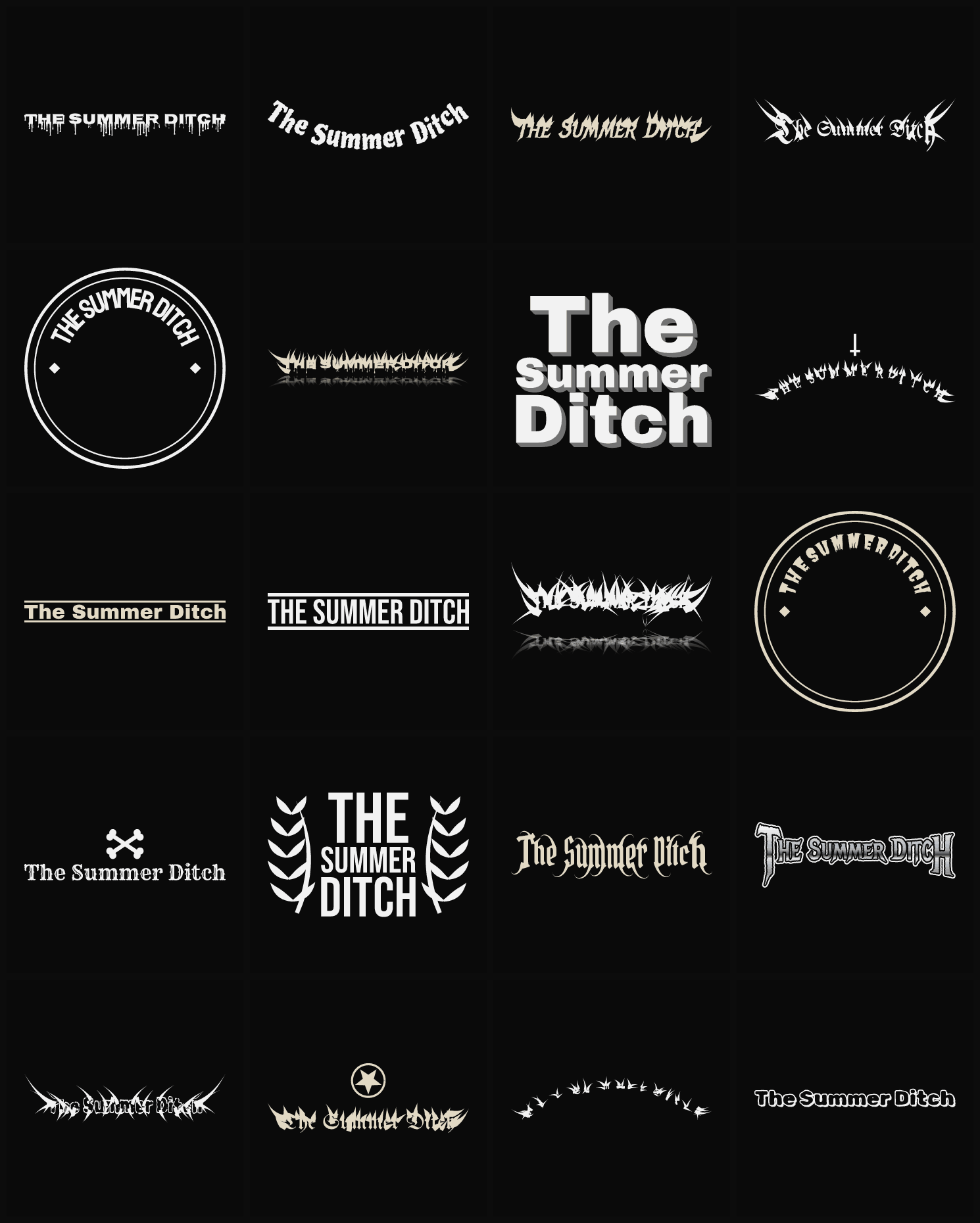 Twenty The Summer Ditch band logo ideas — different faces, treatments and spike settings