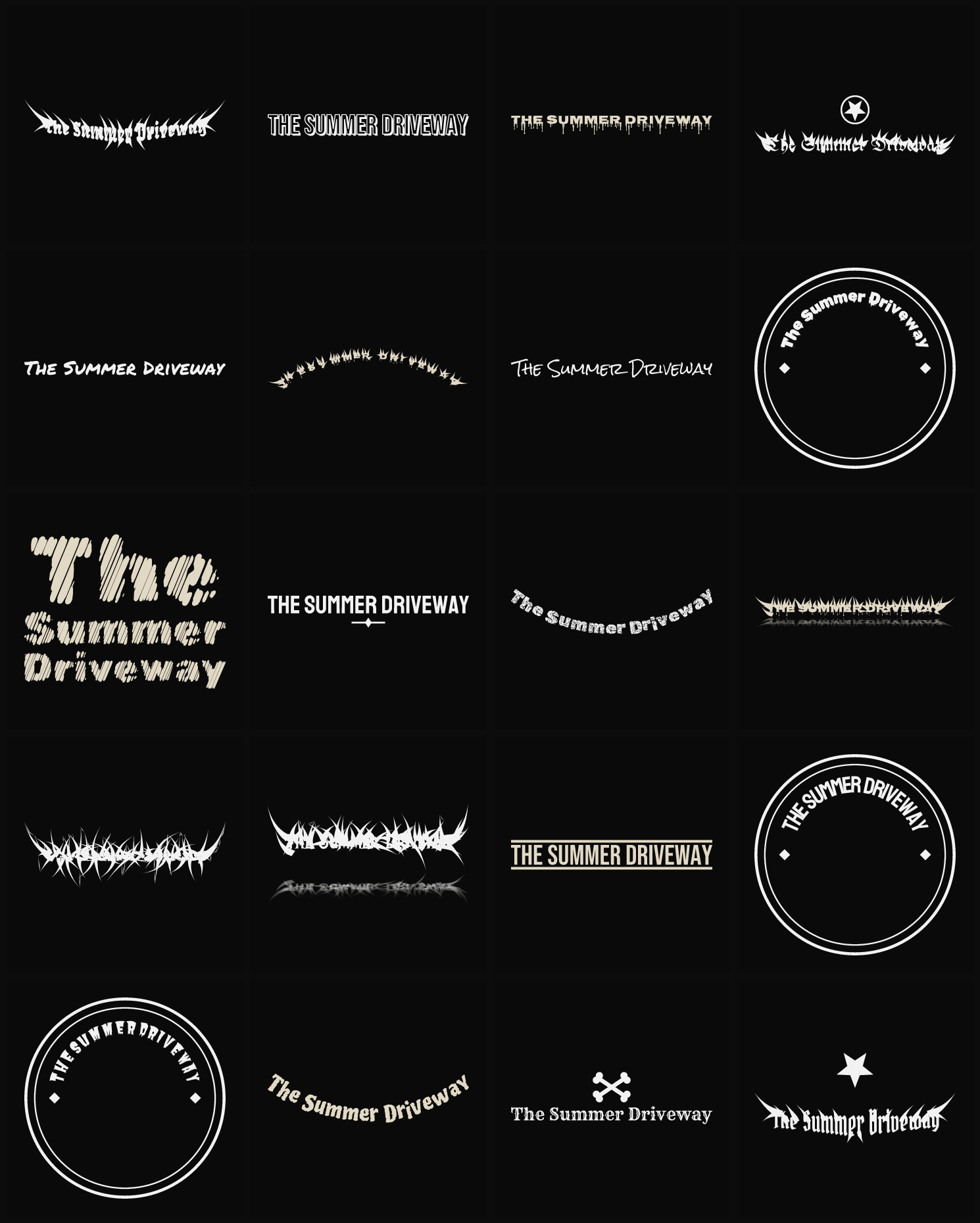 Twenty The Summer Driveway band logo ideas — different faces, treatments and spike settings