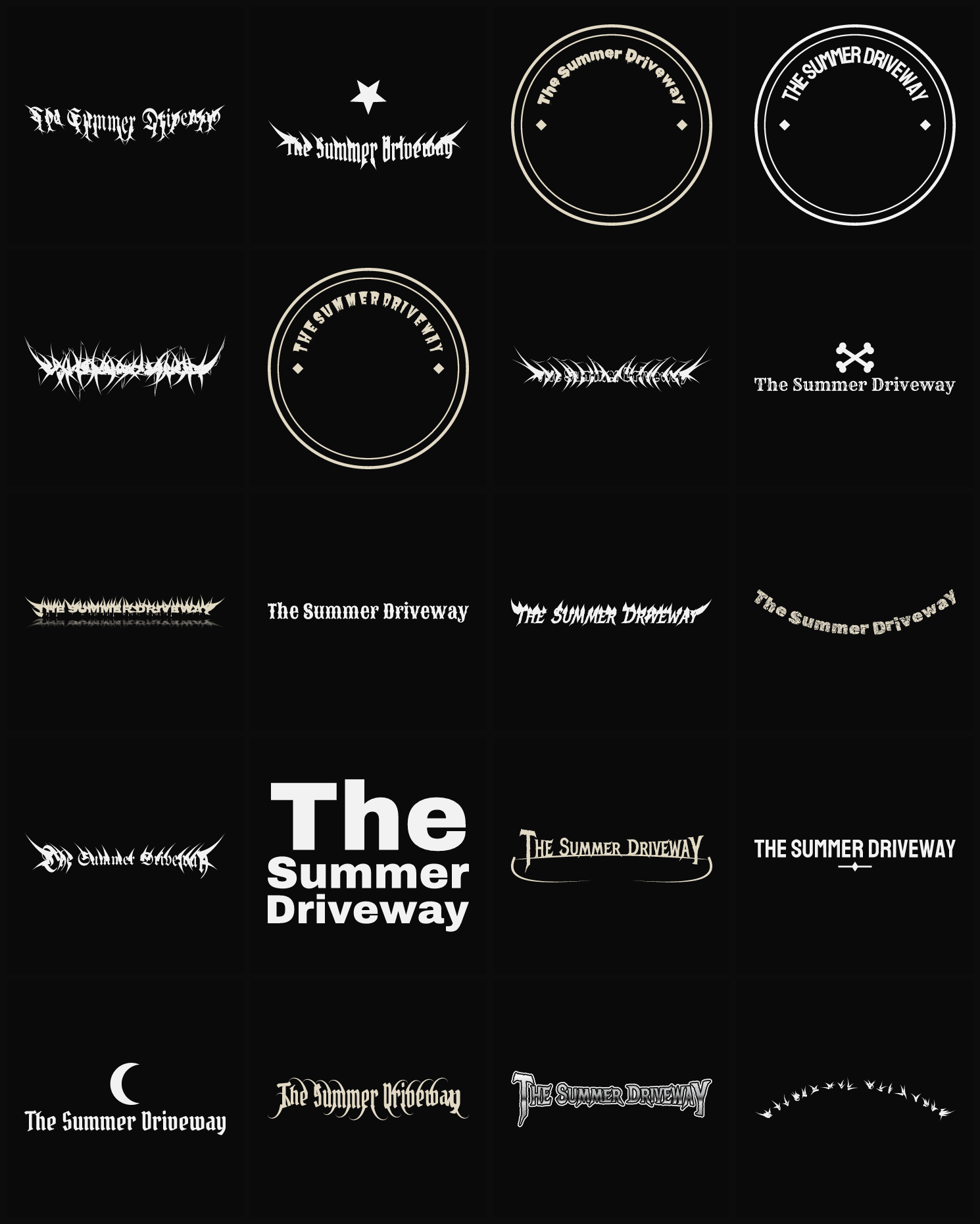 Twenty The Summer Driveway band logo ideas — different faces, treatments and spike settings