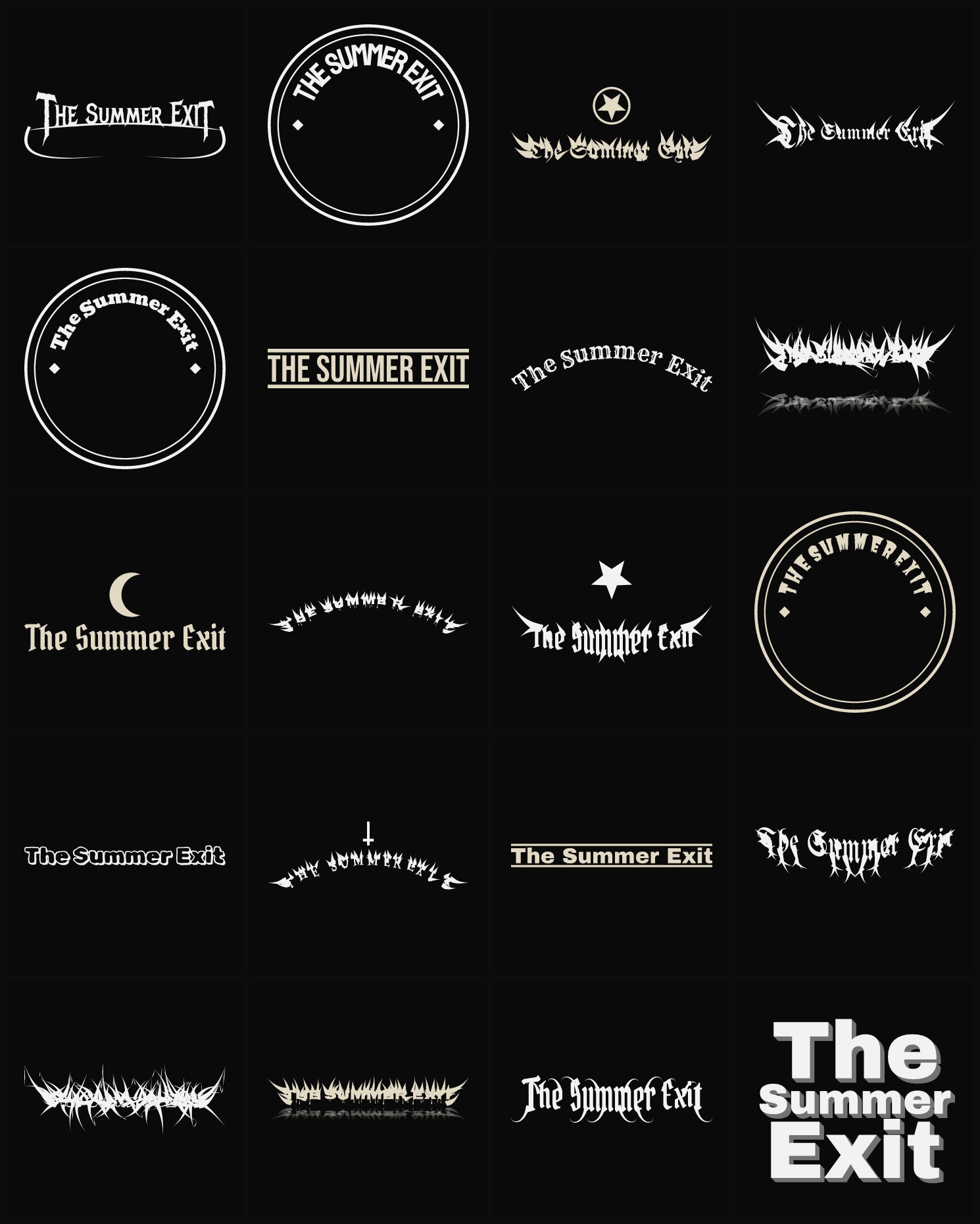 Twenty The Summer Exit band logo ideas — different faces, treatments and spike settings