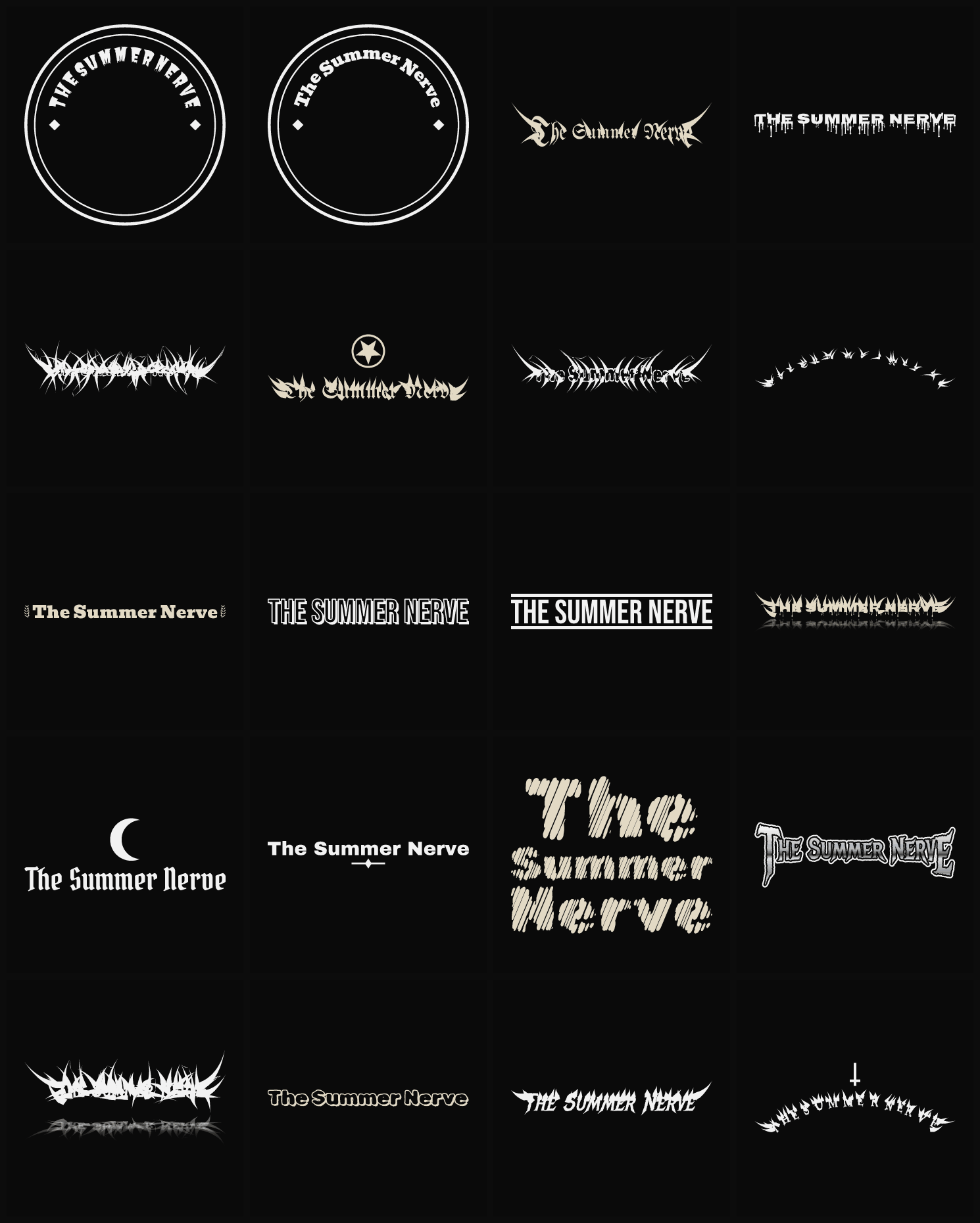 Twenty The Summer Nerve band logo ideas — different faces, treatments and spike settings