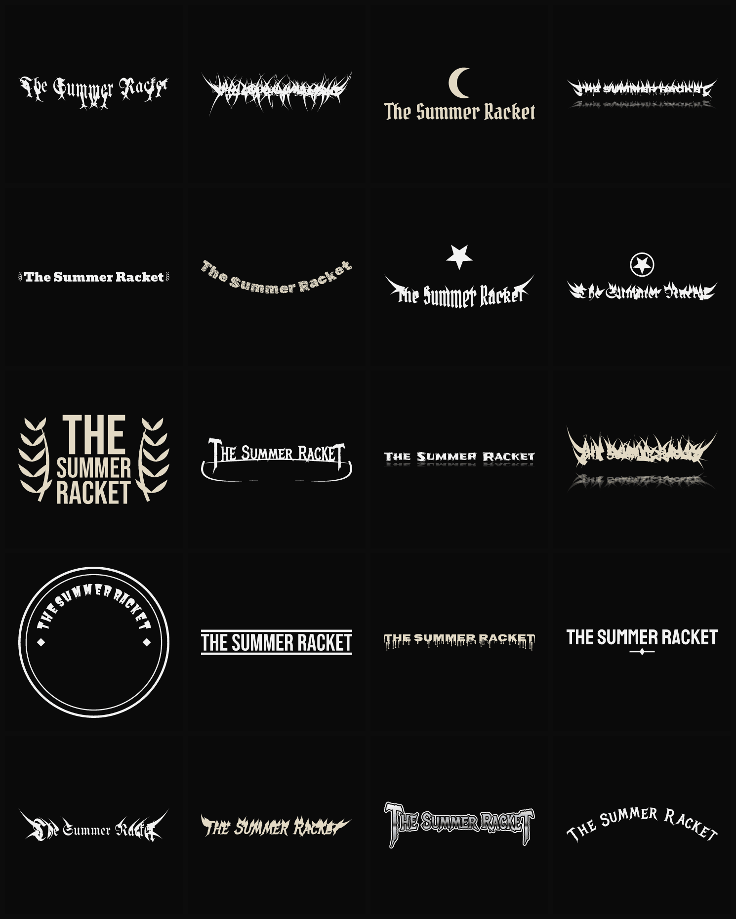 Twenty The Summer Racket band logo ideas — different faces, treatments and spike settings