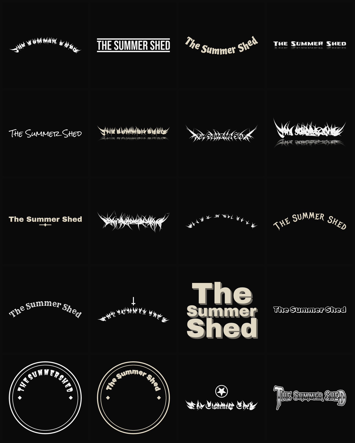 Twenty The Summer Shed band logo ideas — different faces, treatments and spike settings