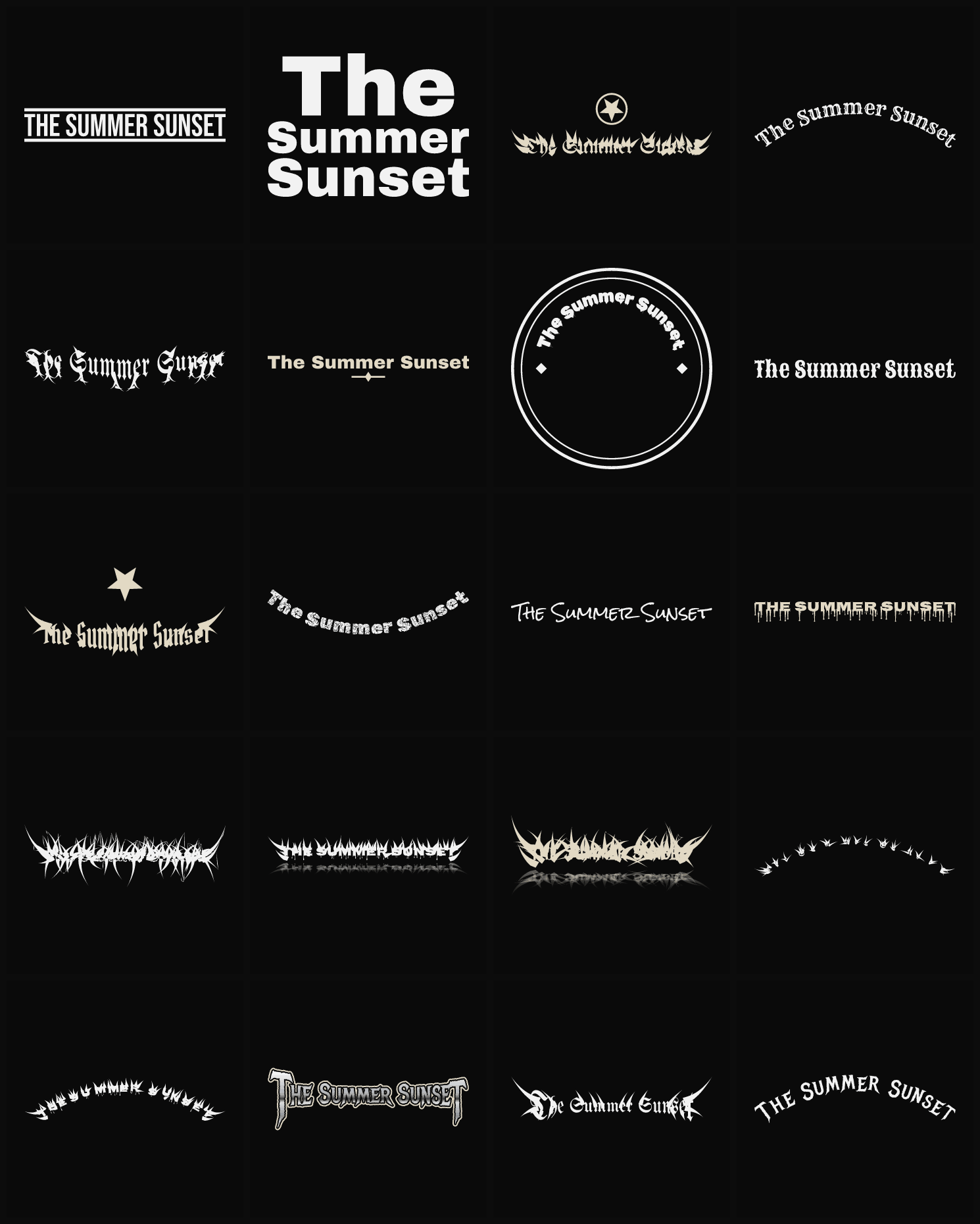 Twenty The Summer Sunset band logo ideas — different faces, treatments and spike settings
