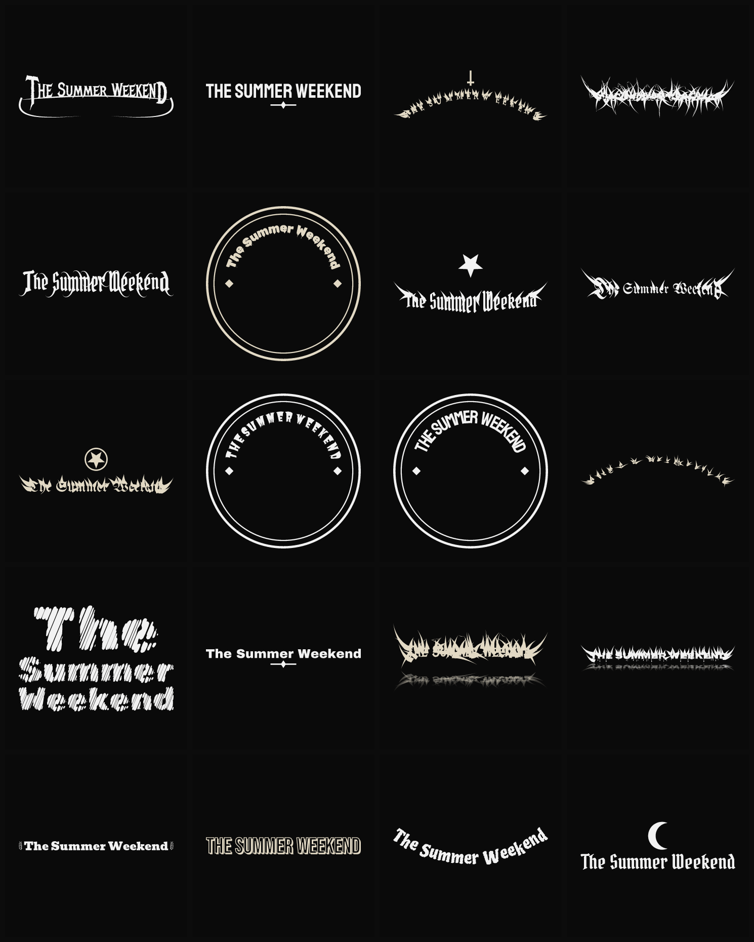 Twenty The Summer Weekend band logo ideas — different faces, treatments and spike settings