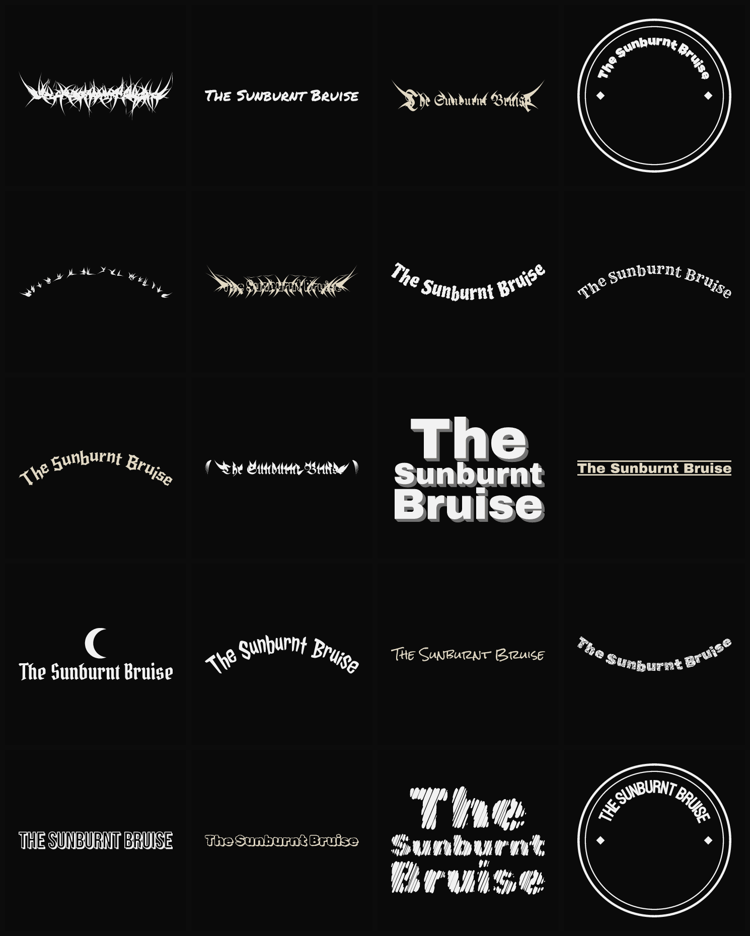 Twenty The Sunburnt Bruise band logo ideas — different faces, treatments and spike settings