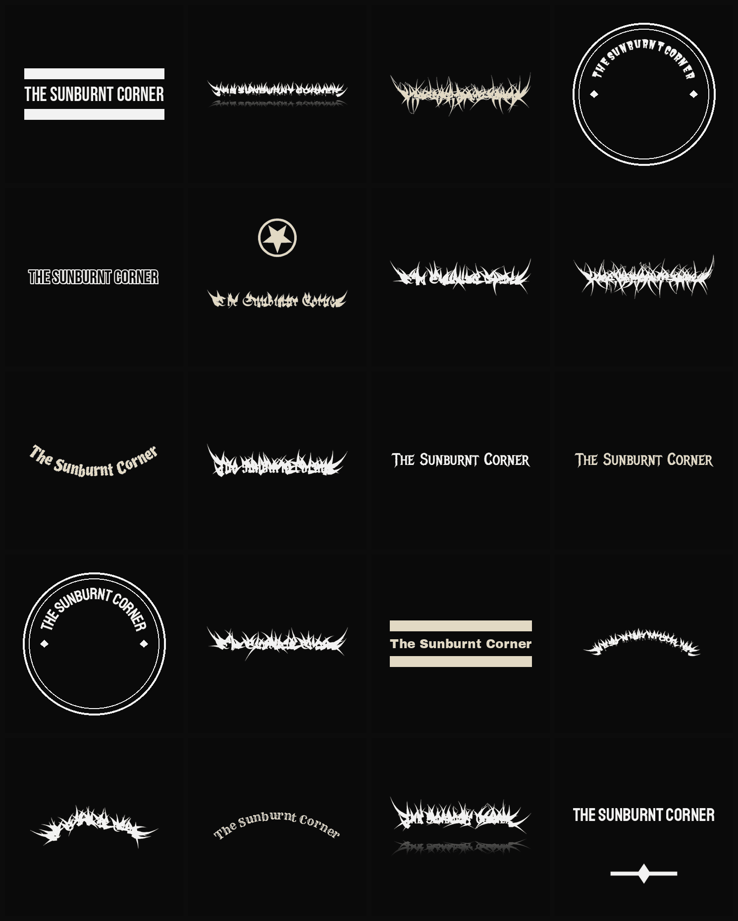 Twenty The Sunburnt Corner band logo ideas — different faces, treatments and spike settings