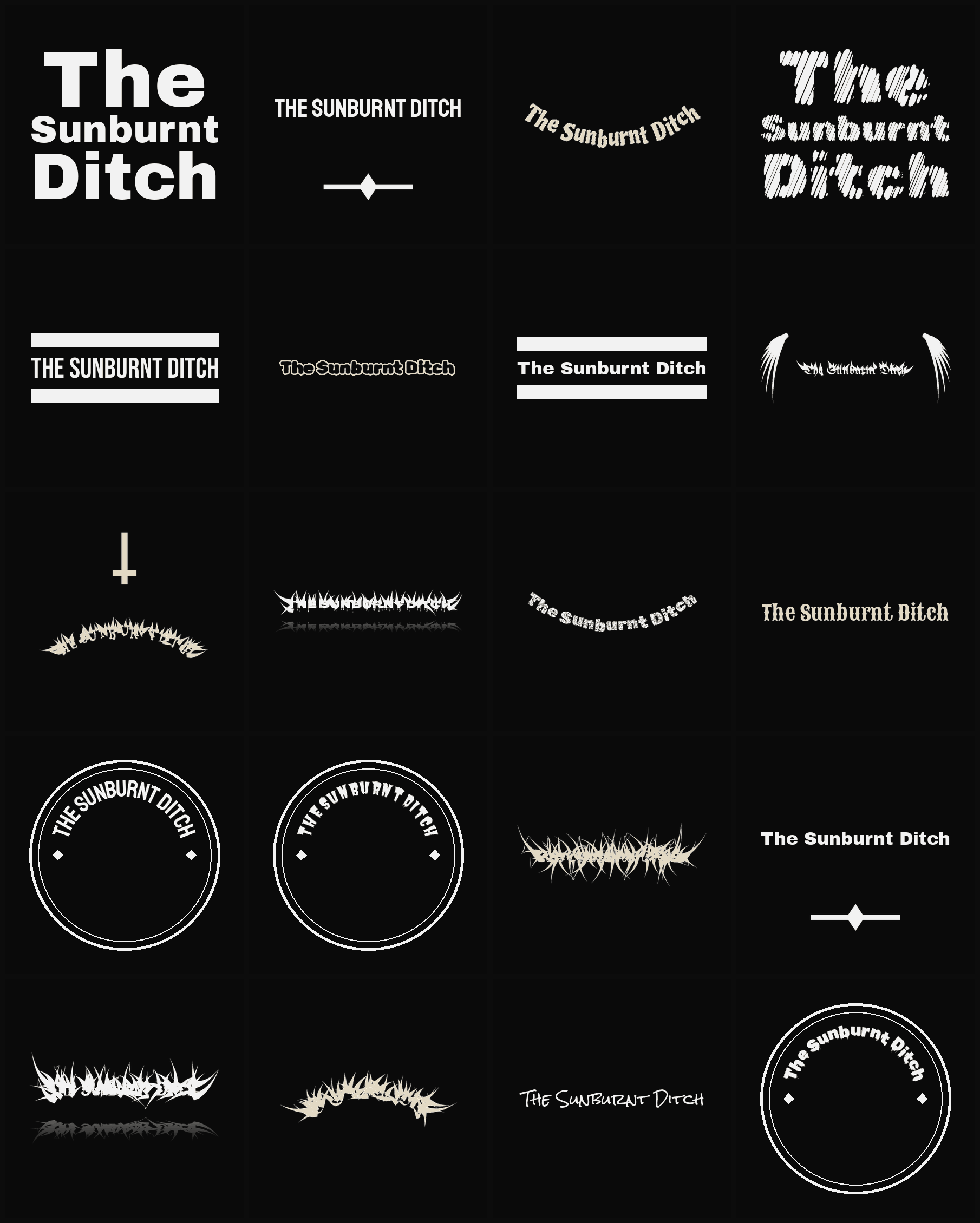 Twenty The Sunburnt Ditch band logo ideas — different faces, treatments and spike settings