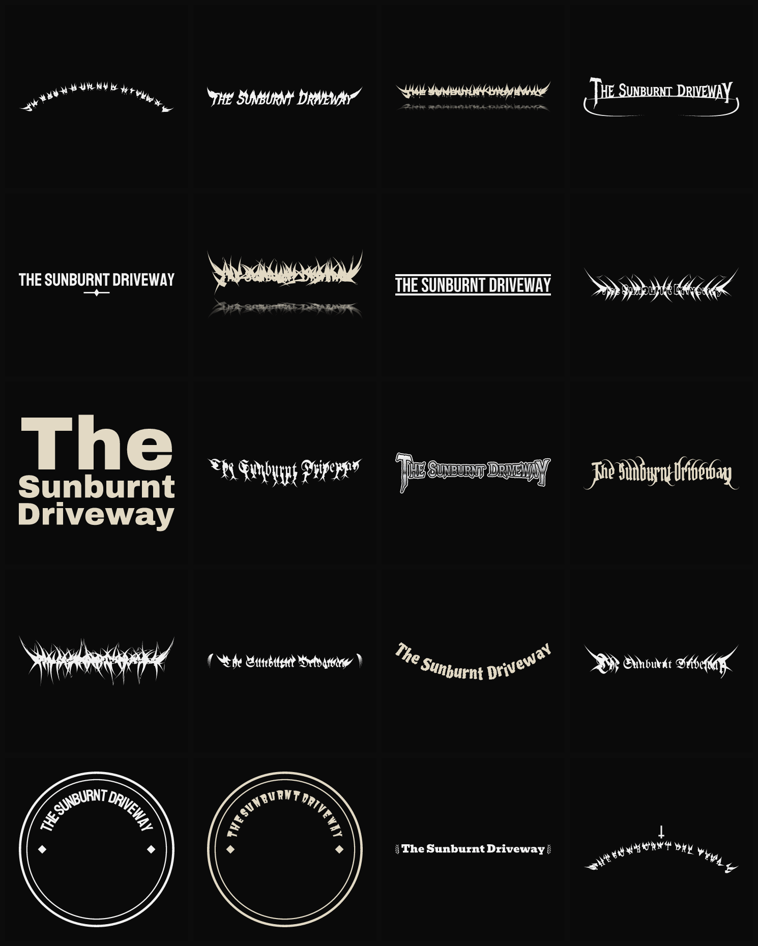 Twenty The Sunburnt Driveway band logo ideas — different faces, treatments and spike settings