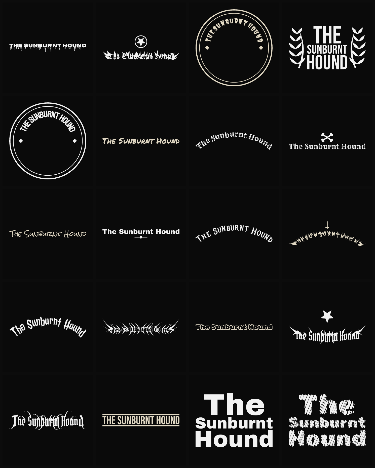 Twenty The Sunburnt Hound band logo ideas — different faces, treatments and spike settings