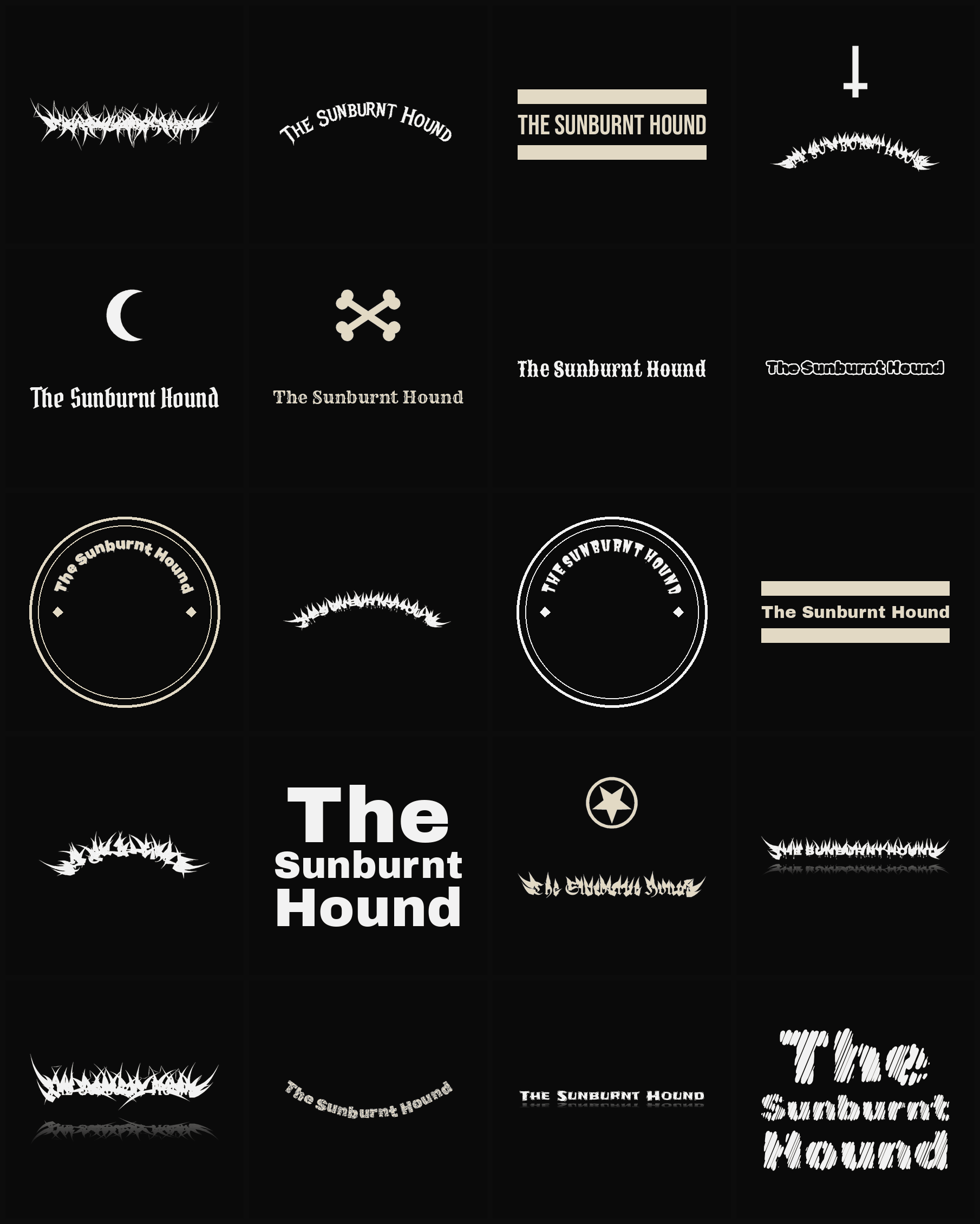 Twenty The Sunburnt Hound band logo ideas — different faces, treatments and spike settings