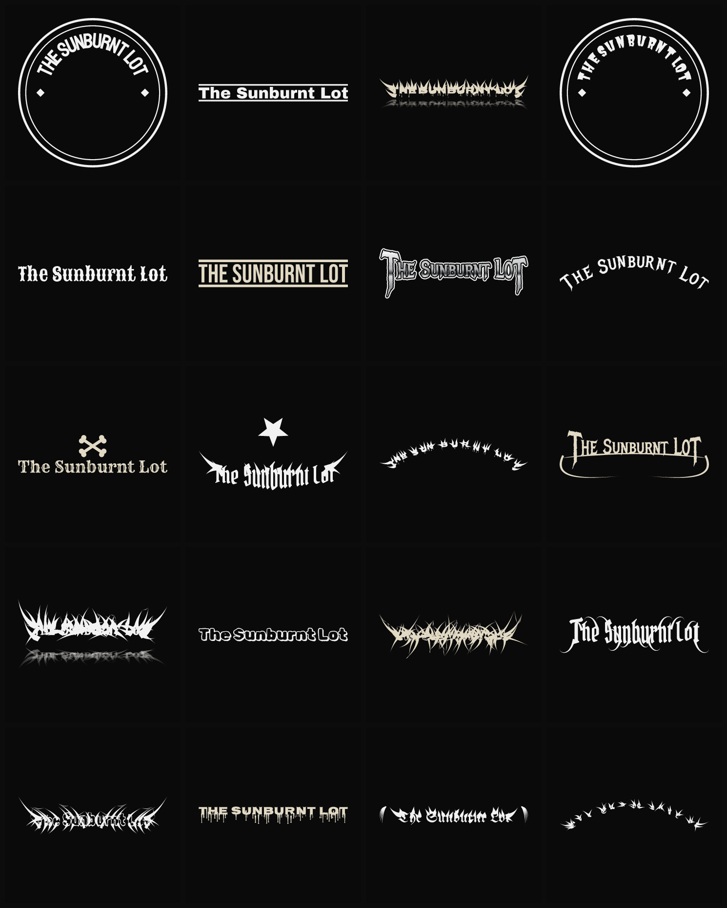 Twenty The Sunburnt Lot band logo ideas — different faces, treatments and spike settings