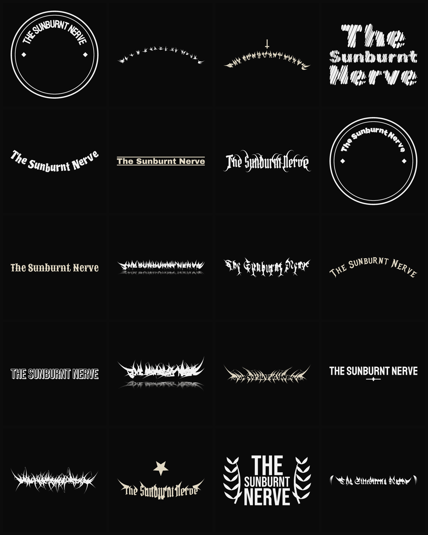 Twenty The Sunburnt Nerve band logo ideas — different faces, treatments and spike settings