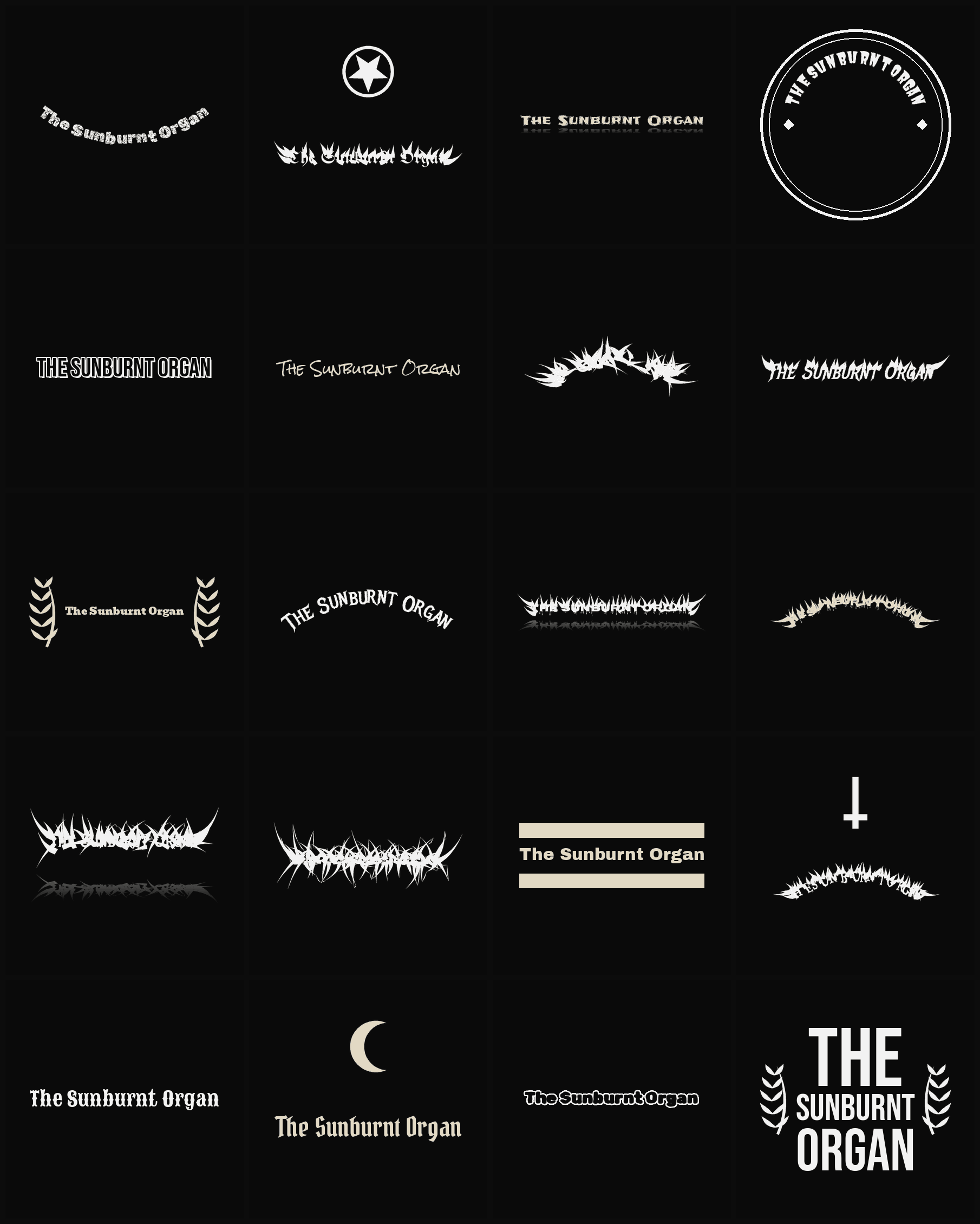 Twenty The Sunburnt Organ band logo ideas — different faces, treatments and spike settings