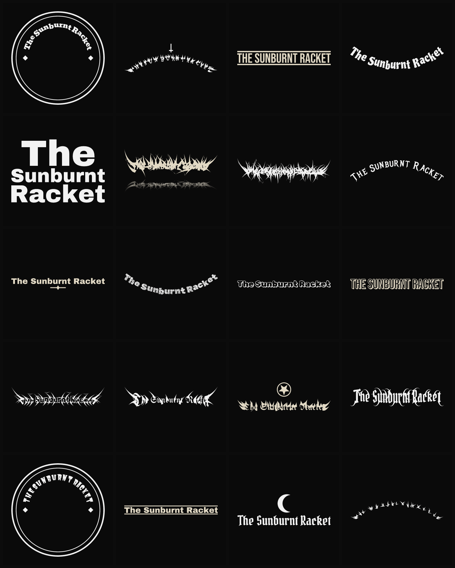 Twenty The Sunburnt Racket band logo ideas — different faces, treatments and spike settings