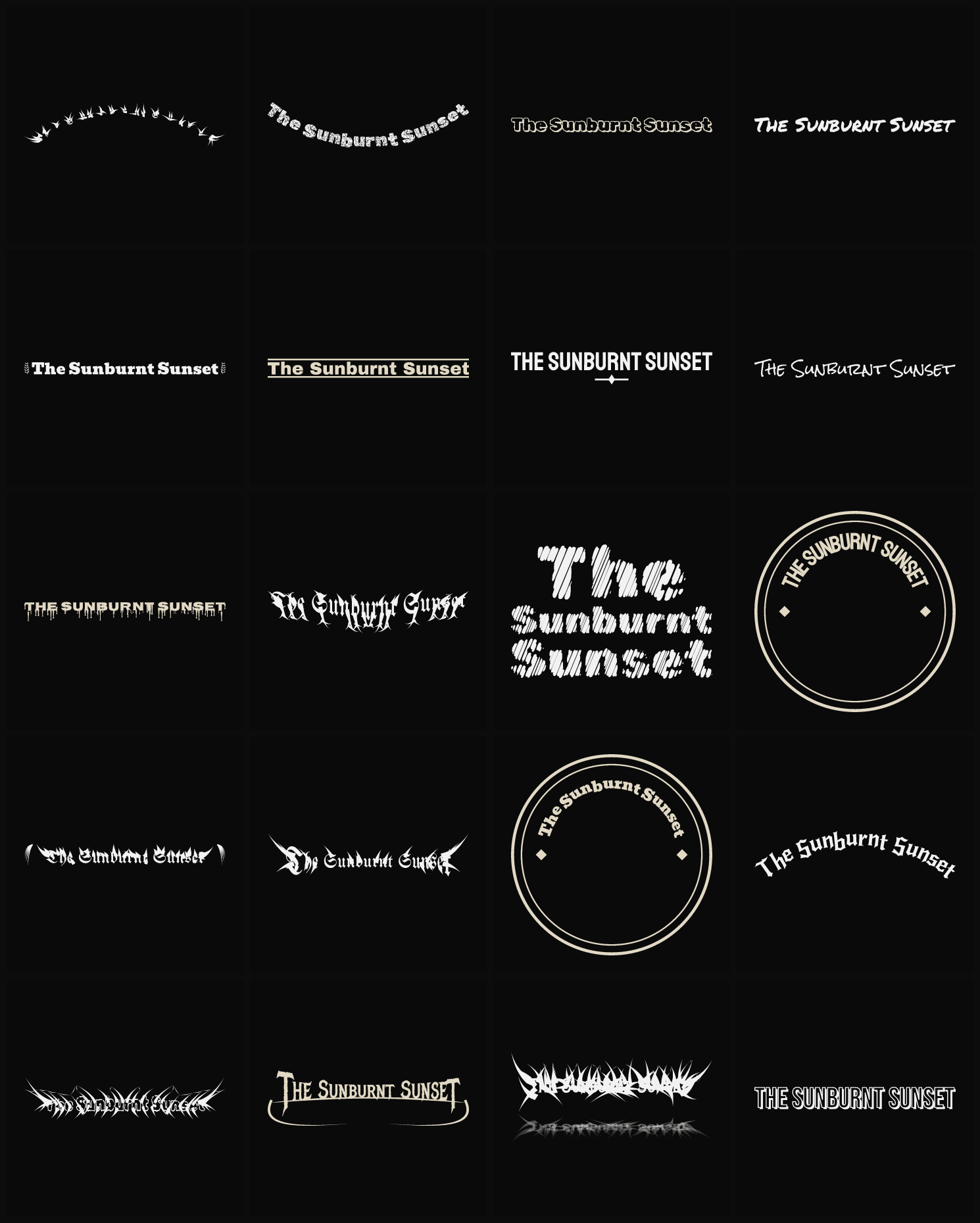 Twenty The Sunburnt Sunset band logo ideas — different faces, treatments and spike settings