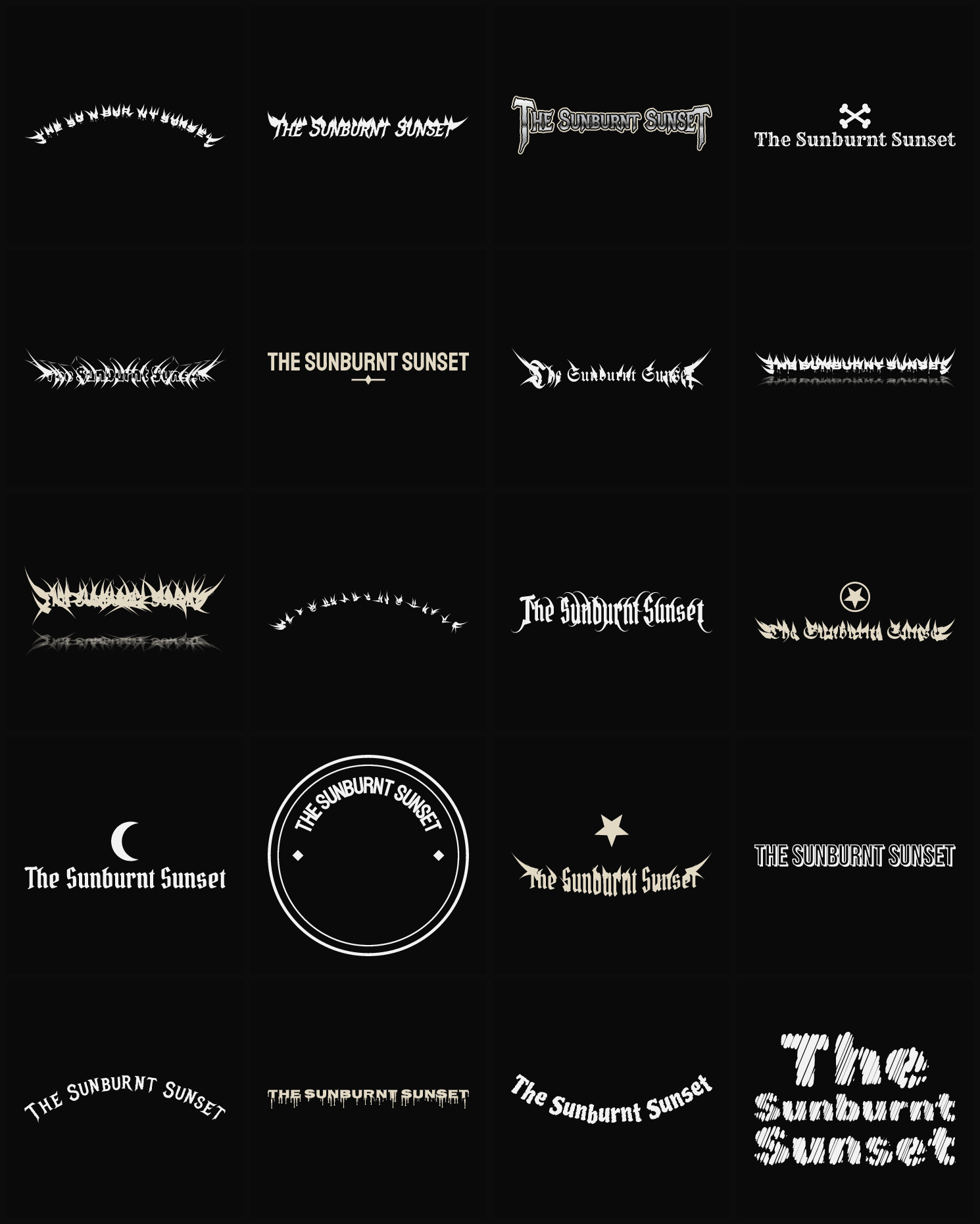 Twenty The Sunburnt Sunset band logo ideas — different faces, treatments and spike settings