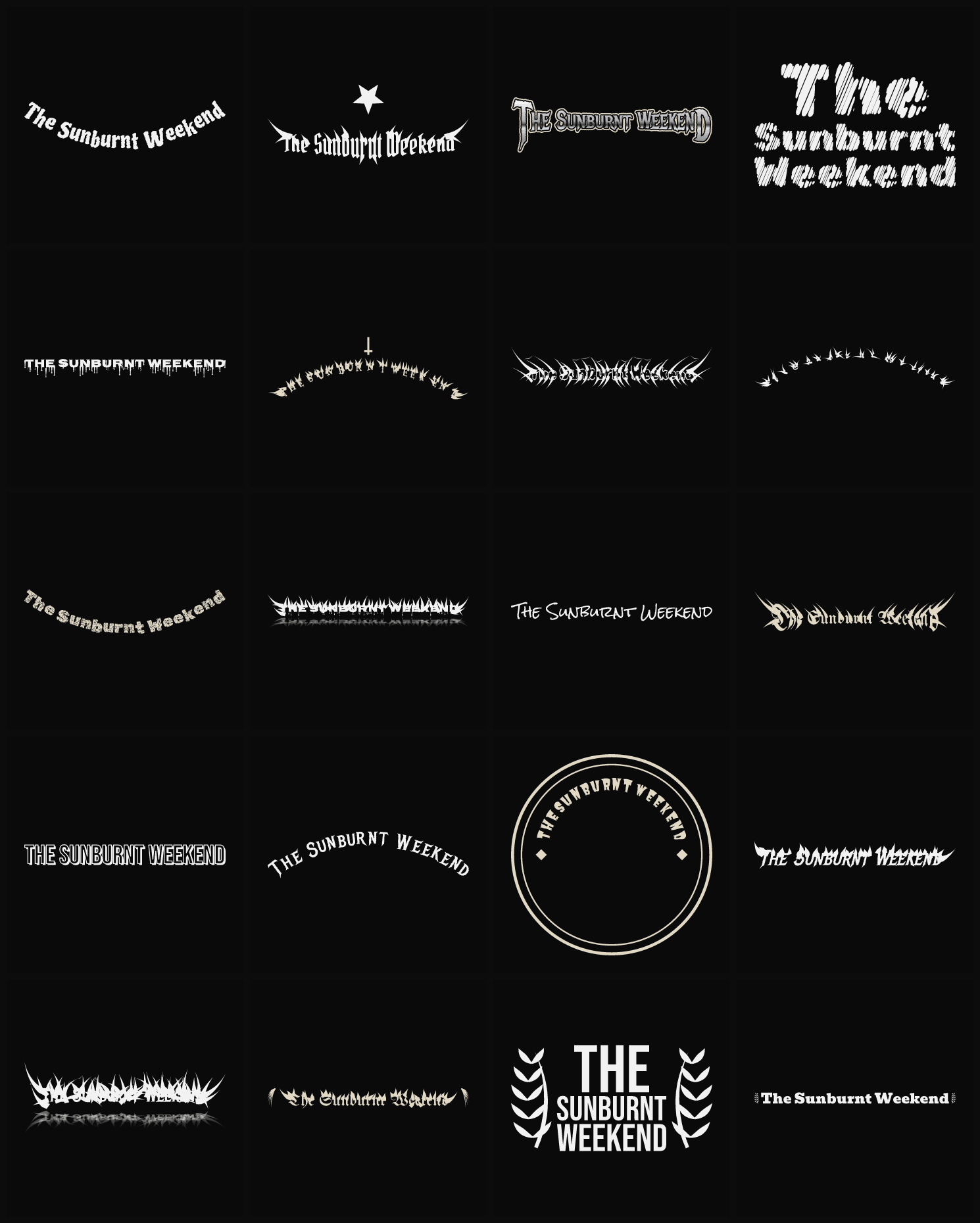 Twenty The Sunburnt Weekend band logo ideas — different faces, treatments and spike settings