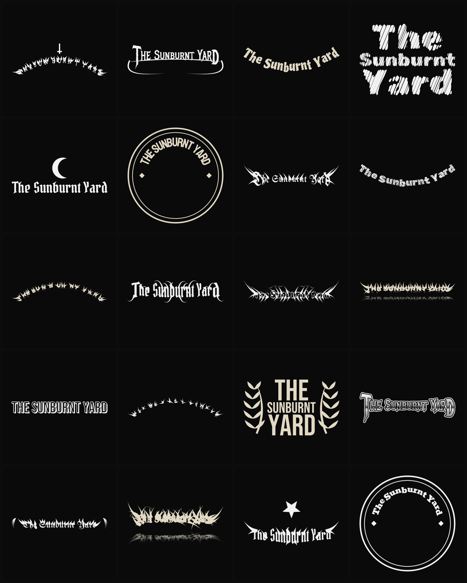 Twenty The Sunburnt Yard band logo ideas — different faces, treatments and spike settings