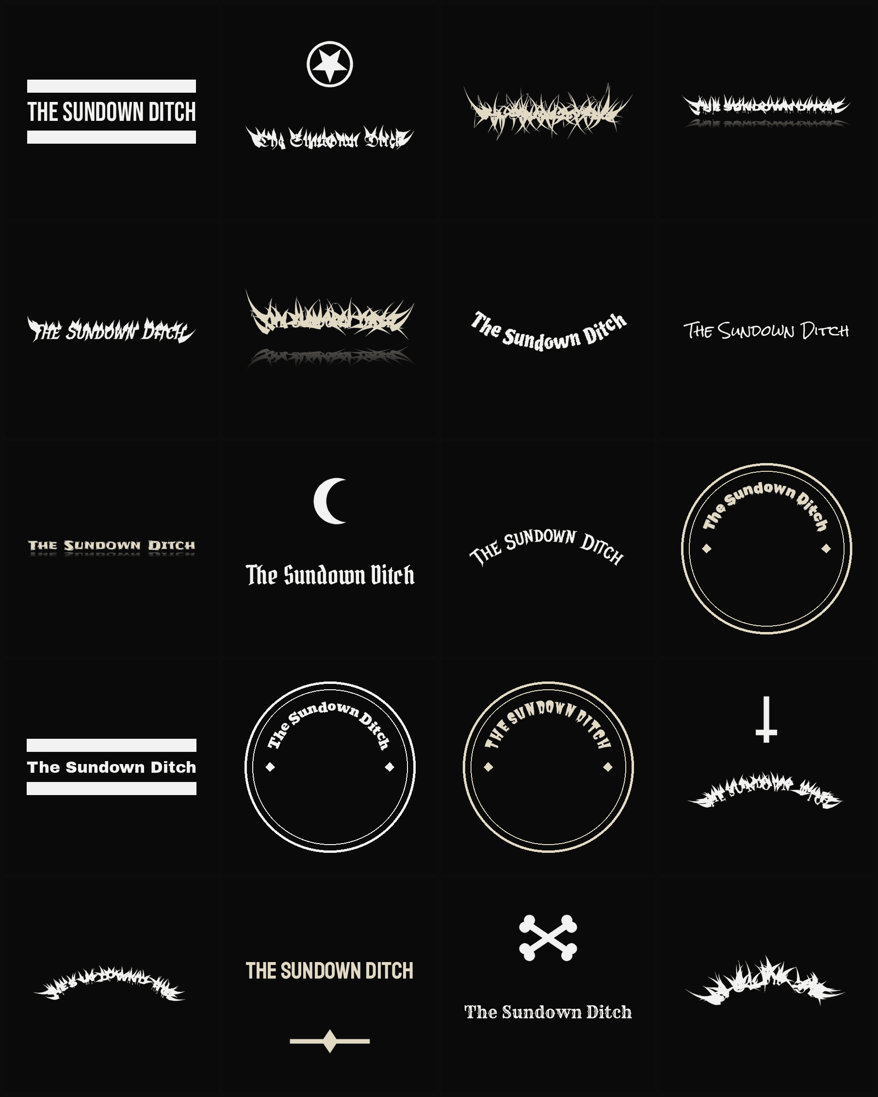 Twenty The Sundown Ditch band logo ideas — different faces, treatments and spike settings