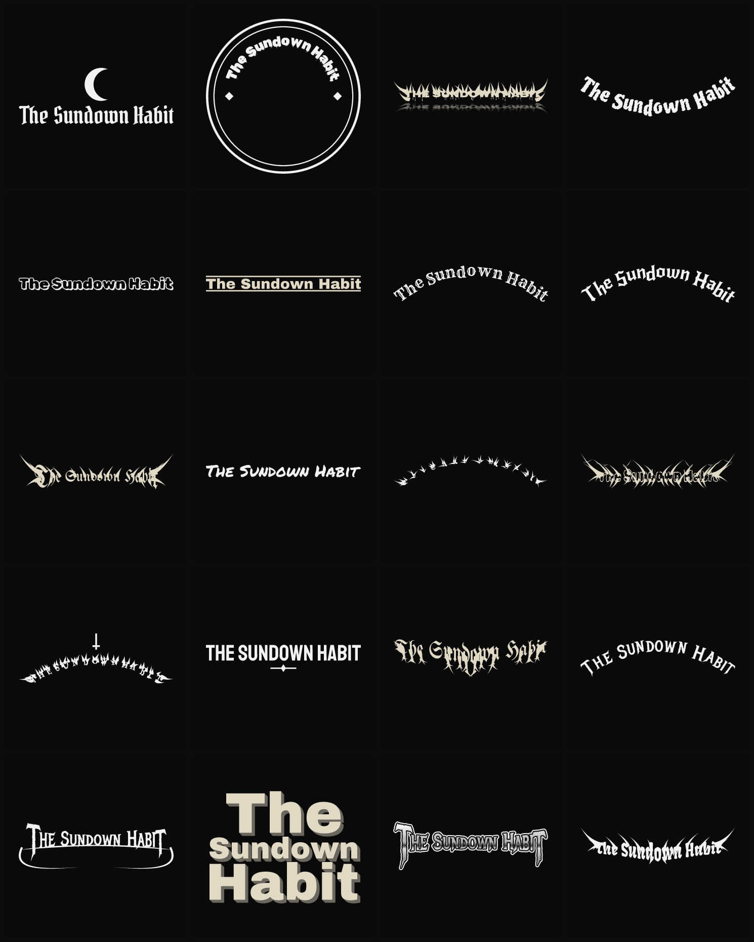 Twenty The Sundown Habit band logo ideas — different faces, treatments and spike settings